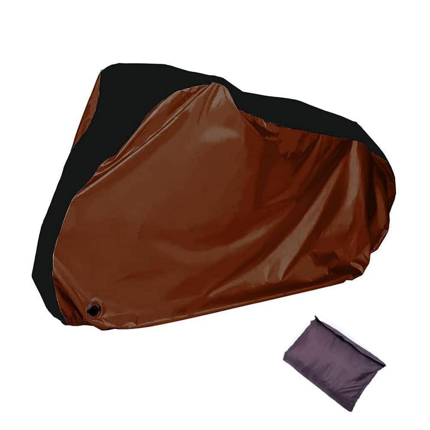 Braun-schwarze Schutzabdeckung mit einer kleinen violetten Aufbewahrungstasche, auf weißem Hintergrund abgebildet.