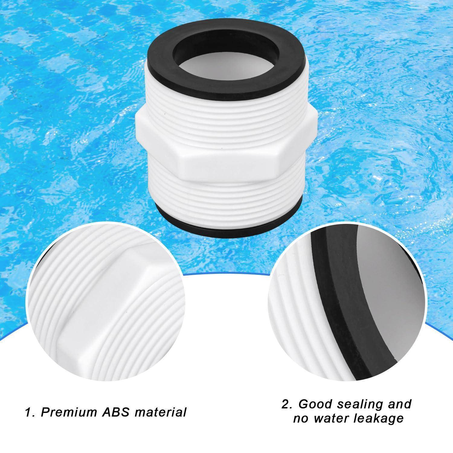 Weißer gerippter Kunststoff-Poolskimmer-Adapter auf blauem Wasserhintergrund, mit Beschriftungen, die hochwertiges ABS-Material und gute Abdichtung zur Leckageprävention zeigen.