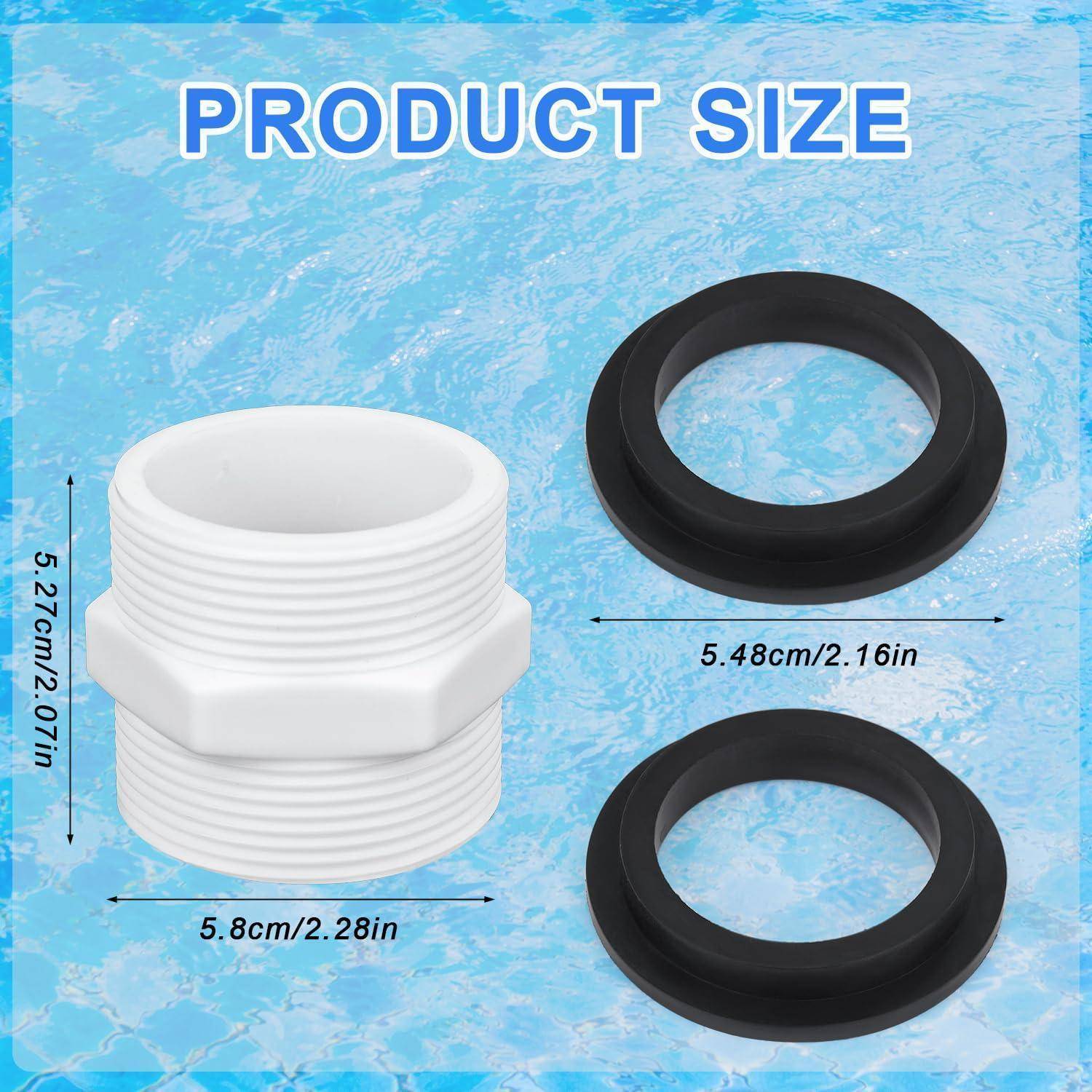Produktgrößen-Diagramm mit einem weißen Gewinde-Verbinder mit einer Breite von 5,8 cm und einer Höhe von 5,27 cm, sowie zwei schwarzen Ringen mit einer Breite von 5,48 cm.
