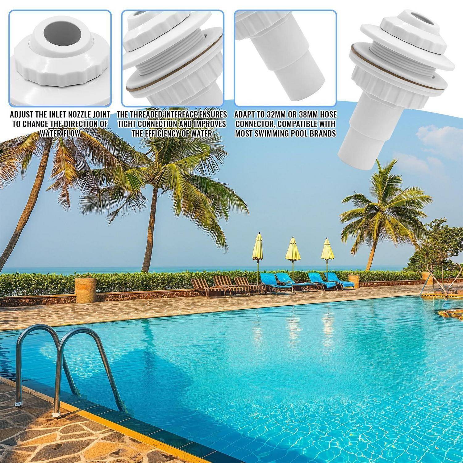 Poolside-Szenerie mit eingefügten Nahaufnahmen von Produkten, die eine verstellbare Pooleinlassdüse, eine Gewindeverbindung und einen 32-mm/38-mm-Schlauchverbinder zum Ändern der Wasserflussrichtung zeigen.