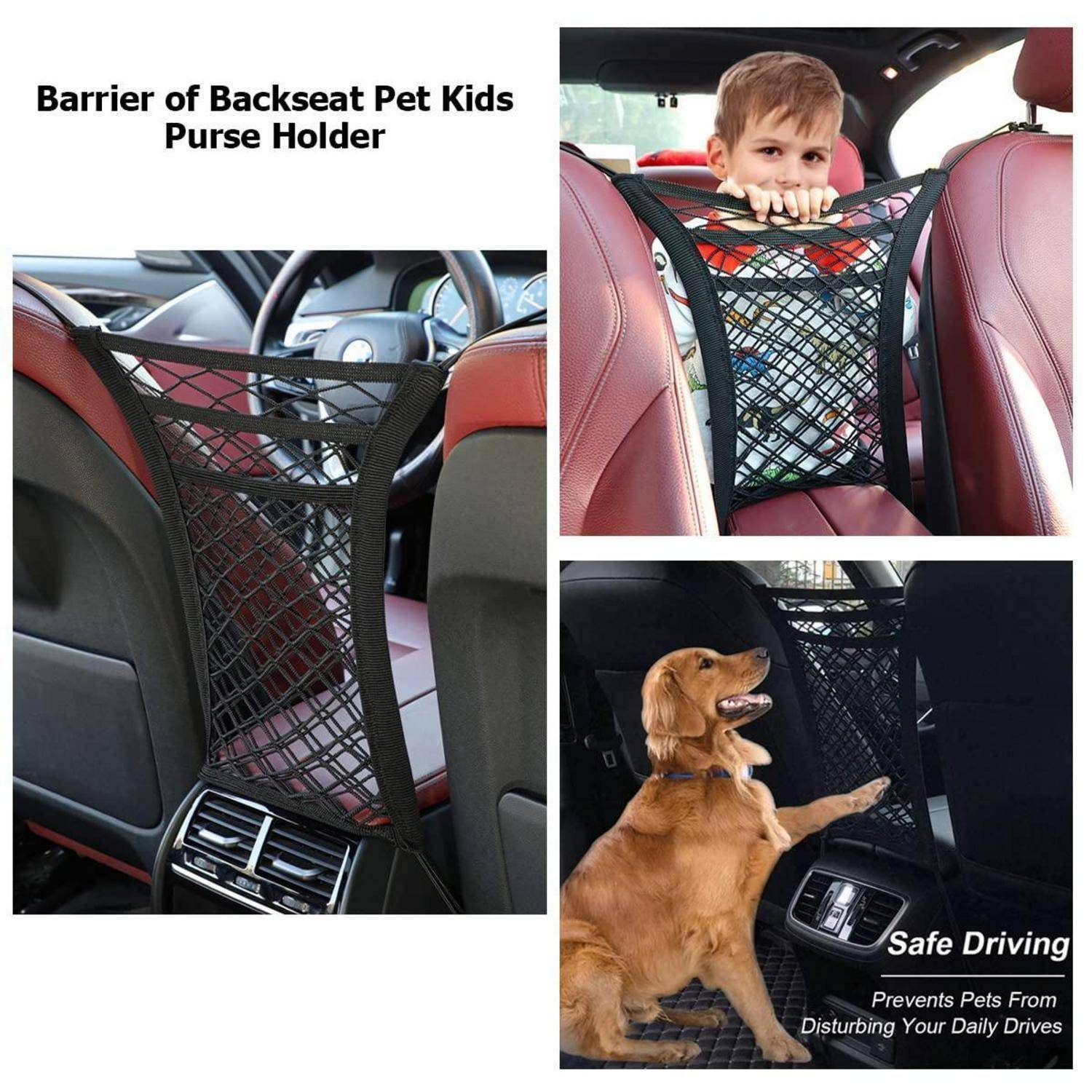 Collage zeigt eine Netzschutzvorrichtung für Autositze mit der Bezeichnung „Backseat Pet Kids Purse Holder Barrier", die Vorder- und Rücksitze trennt, um zu verhindern, dass Kinder und Haustiere den Fahrer ablenken.