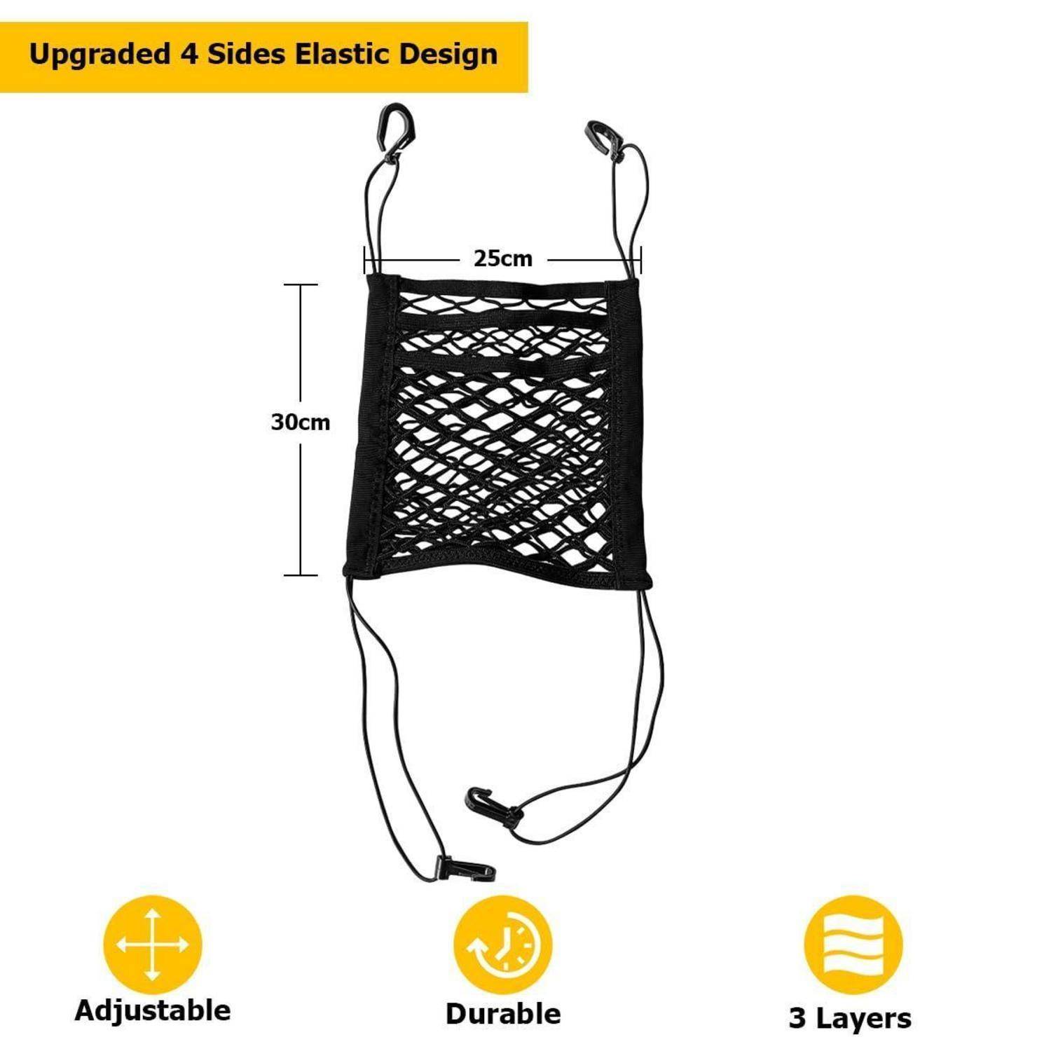 Schwarzes elastisches Autositzlehnen-Aufbewahrungsnetz, 25 cm breit und 30 cm hoch, mit Riemen und Haken; gekennzeichnet mit „Upgraded 4 Sides Elastic Design", „Adjustable"", „Durable"" und „3 Layers"".