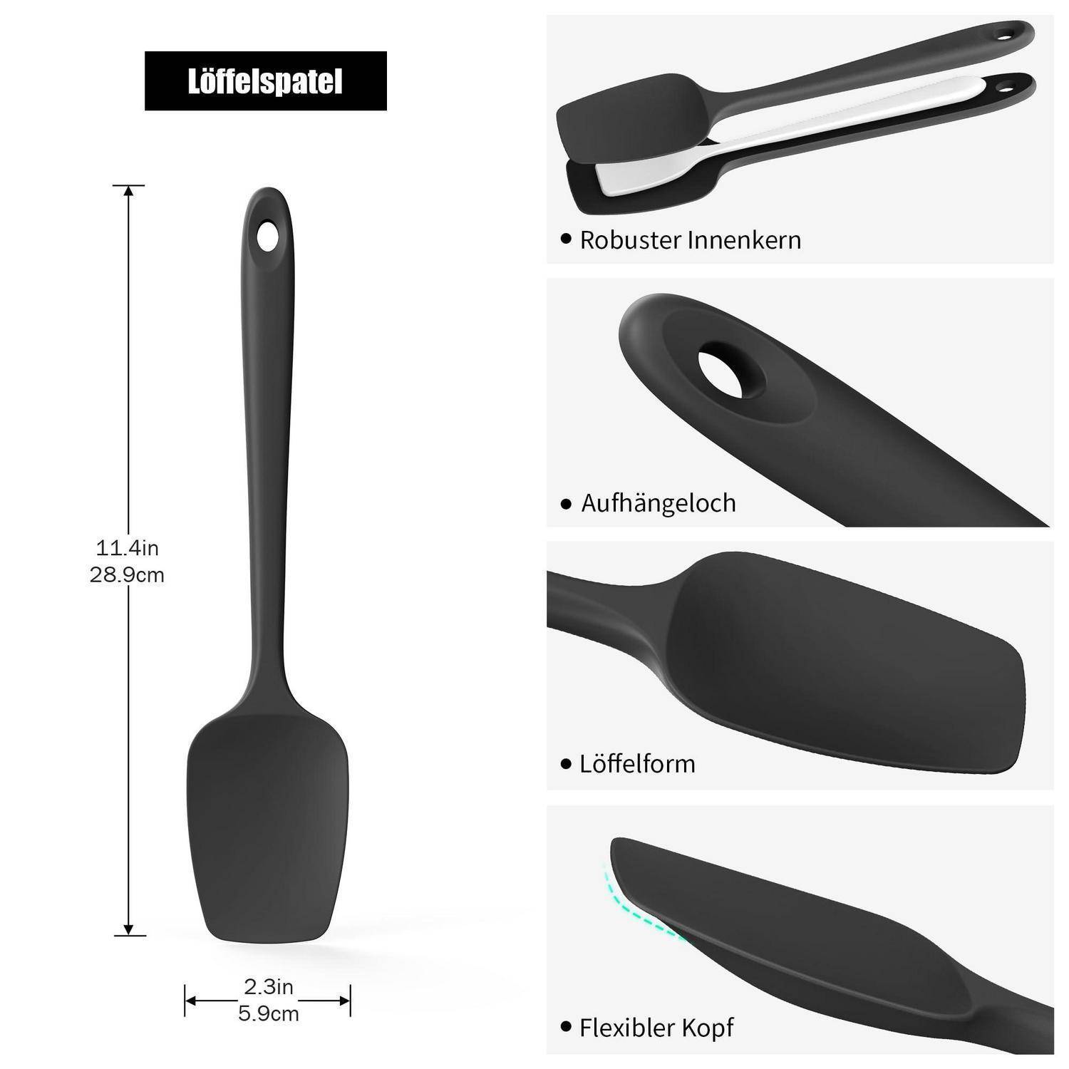 Schwarzer Silikon-Löffelspatula mit den Abmessungen 11,4 Zoll mal 2,3 Zoll, mit Aufhängeloch, robustem Kern, Löffelform und flexiblem Kopf.