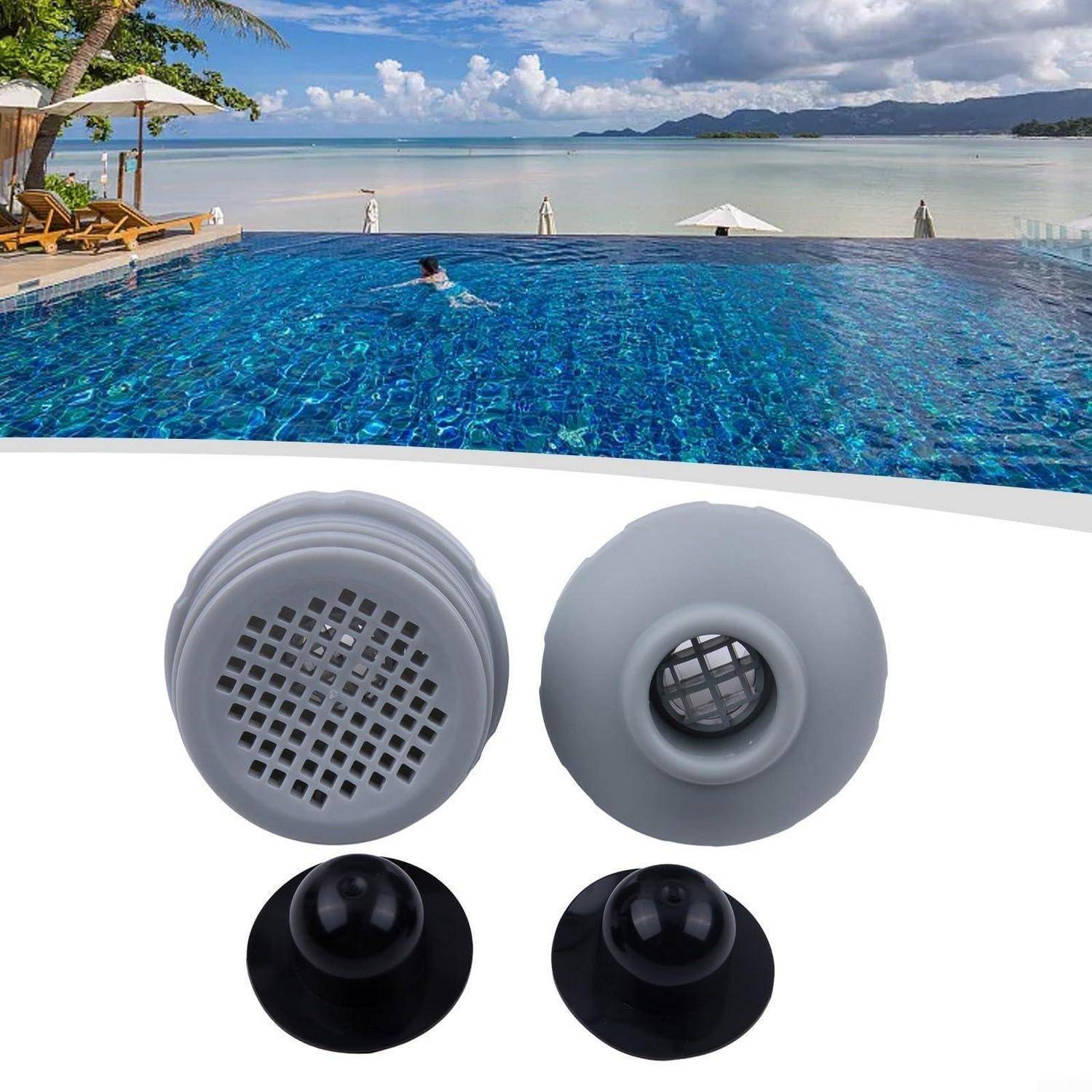 Poolskimmer und Rücklaufdüsen unten dargestellt, ein Infinity-Pool mit Meerblick, der die Hardware der Poolwasserzirkulation veranschaulicht.