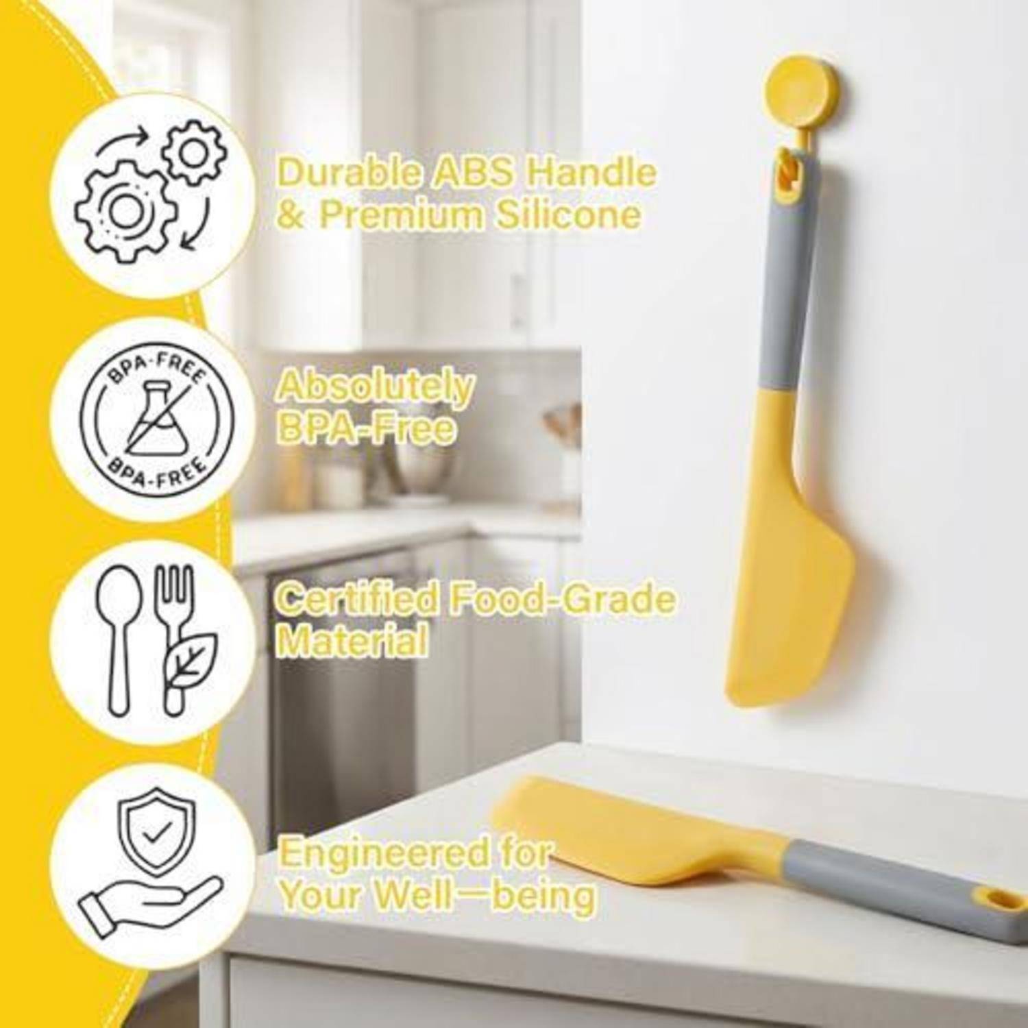 Gelbes und graues Silikonküchenutensilienset mit Symbolen, die langlebarem ABS-Griff, hochwertigem Silikon, BPA-frei, Lebensmittelqualität und sicheres Design hervorheben.