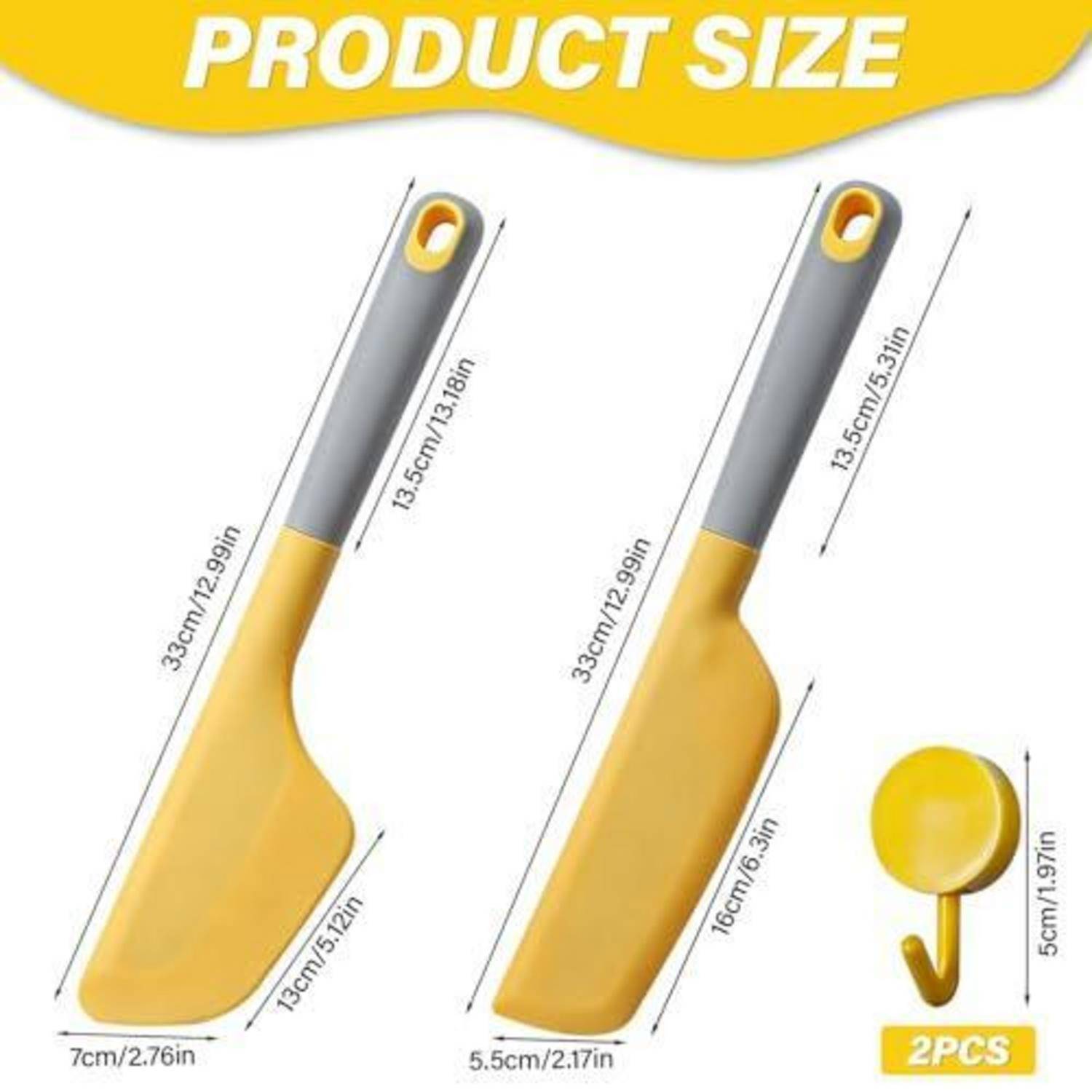 Größentabelle für Produkte mit zwei gelb-grauen Spachteln mit gekennzeichneten Abmessungen in cm und Zoll, plus ein kleines Haken-Zubehörteil mit der Markierung „2 STK