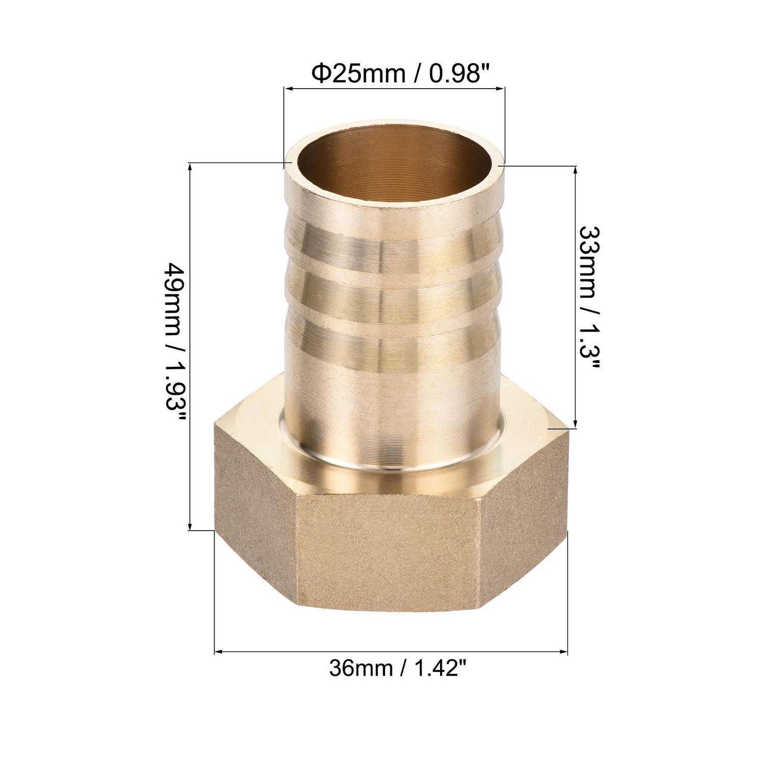 Messing-Schlauchverbinder mit Sechskantfuß, mit gekennzeichneten Abmessungen: 25 mm oberer Durchmesser, 33 mm Nippellänge, 49 mm Gesamthöhe, 36 mm Basisbreite.