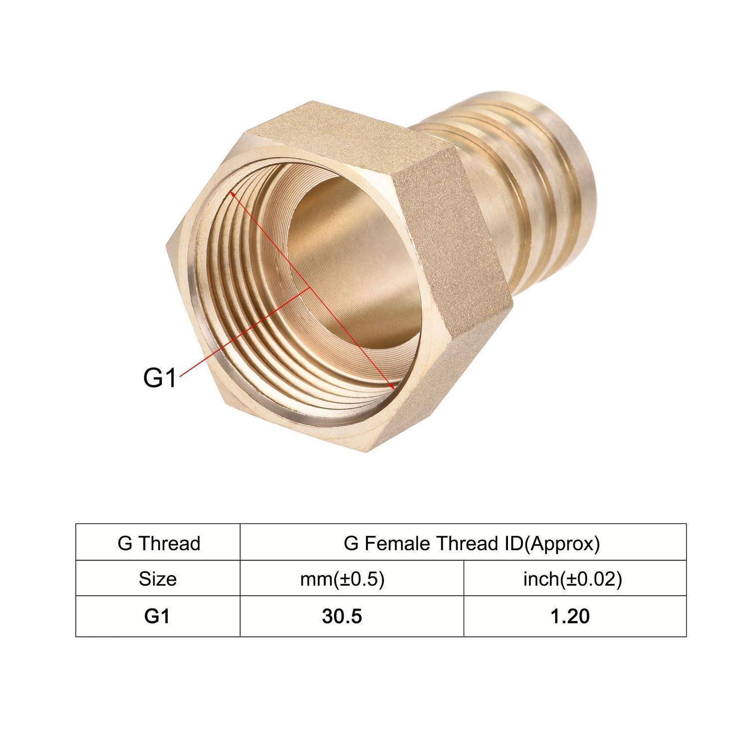 Messing-G1-Verschraubung mit Innengewinde und Größentabelle mit ungefährem inneren Gewindedurchmesser von 30,5 mm, 1,20 Zoll.