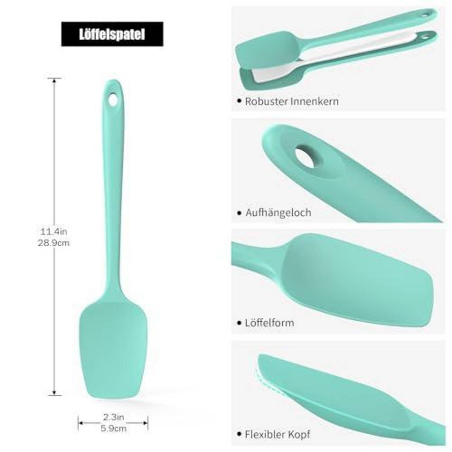 Mintgrüne Silikonspatel in Vorderansicht mit Größenangaben 11,4 Zoll und 2,3 Zoll; Nahaufnahmen zeigen stabilen Kern, Aufhängeloch, Löffelform und flexiblen Kopf.