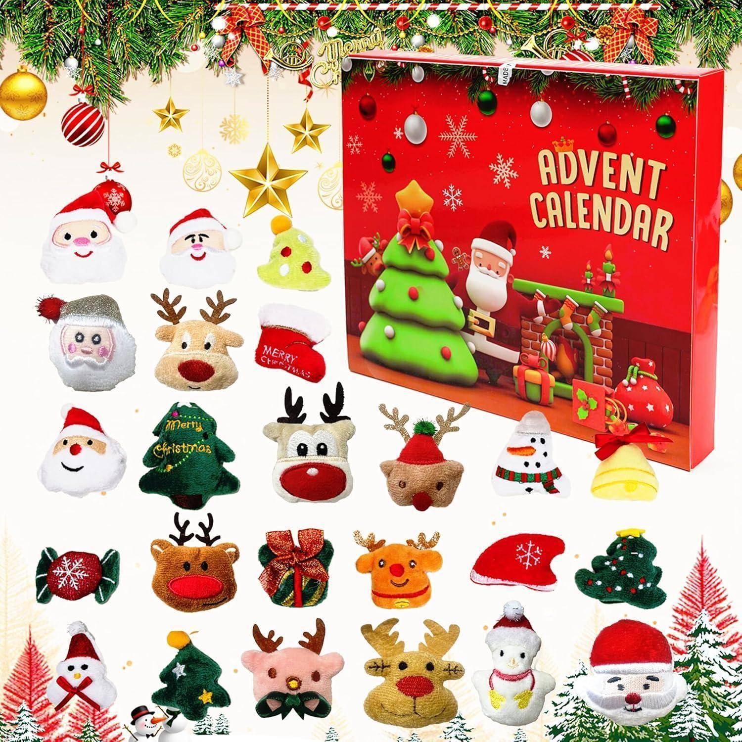 Weihnachtliches Adventskalender-Kästchen mit festlichen Weihnachtsstirnbändern und Charakter-Haarclips, die darum herum angeordnet sind, mit Designs von Weihnachtsmann, Rentier, Schneemann, Baum und Glocke.