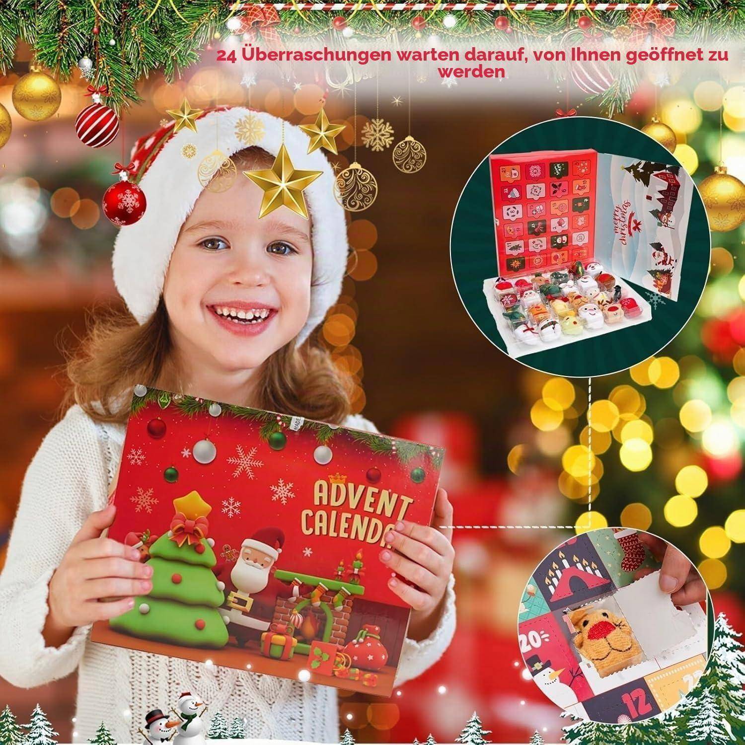 Lächelndes Kind in Weihnachtsmütze hält roten "ADVENTSKALENDER""; Text besagt ""24 Überraschungen warten darauf, von Ihnen geöffnet zu werden,"" mit eingefügten Bildern des Kalenderinhalts.