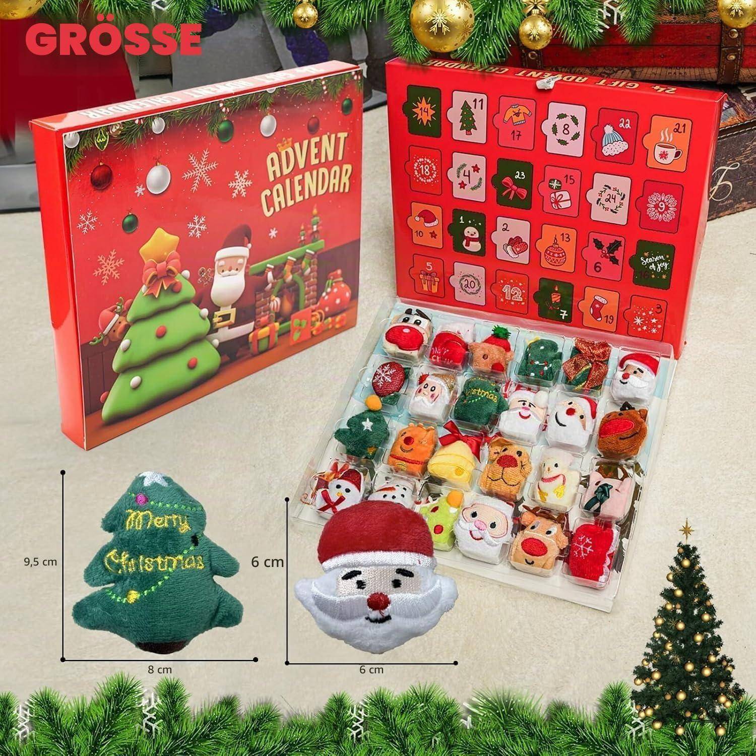 Weihnachtsadventskalender-Box mit 24 nummerierten Mini-Plüsch-Ornamenten, plus Größenbeispiele eines Baums und eines Weihnachtsmanns-Gesichts.