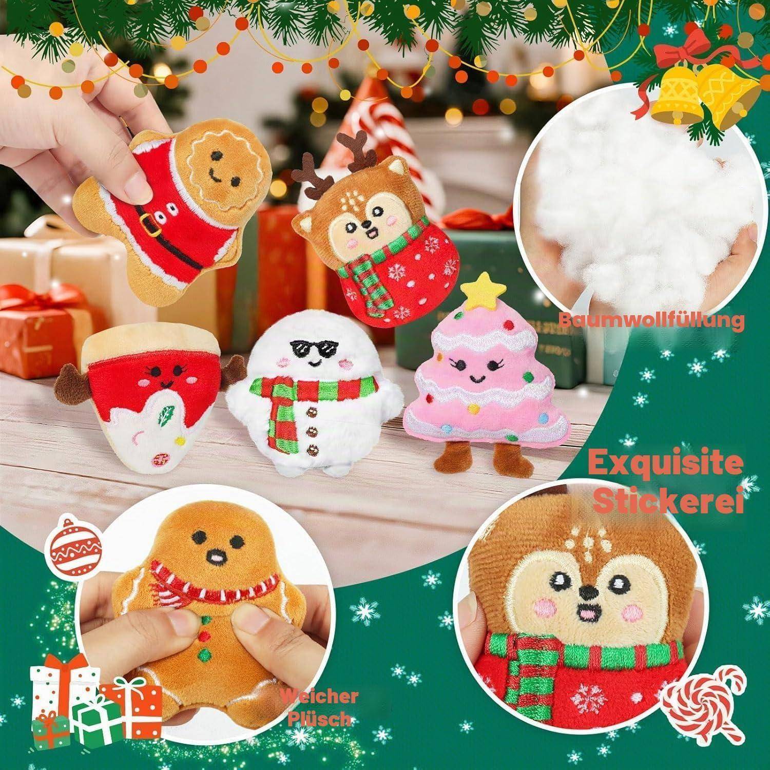 Werbeanzeige für Feiertagsartikel mit sechs plüschigen Weihnachtsbaumkugeln auf grünem festlichem Hintergrund, mit eingefügten Nahaufnahmen von Füllung und Stickerei-Details.