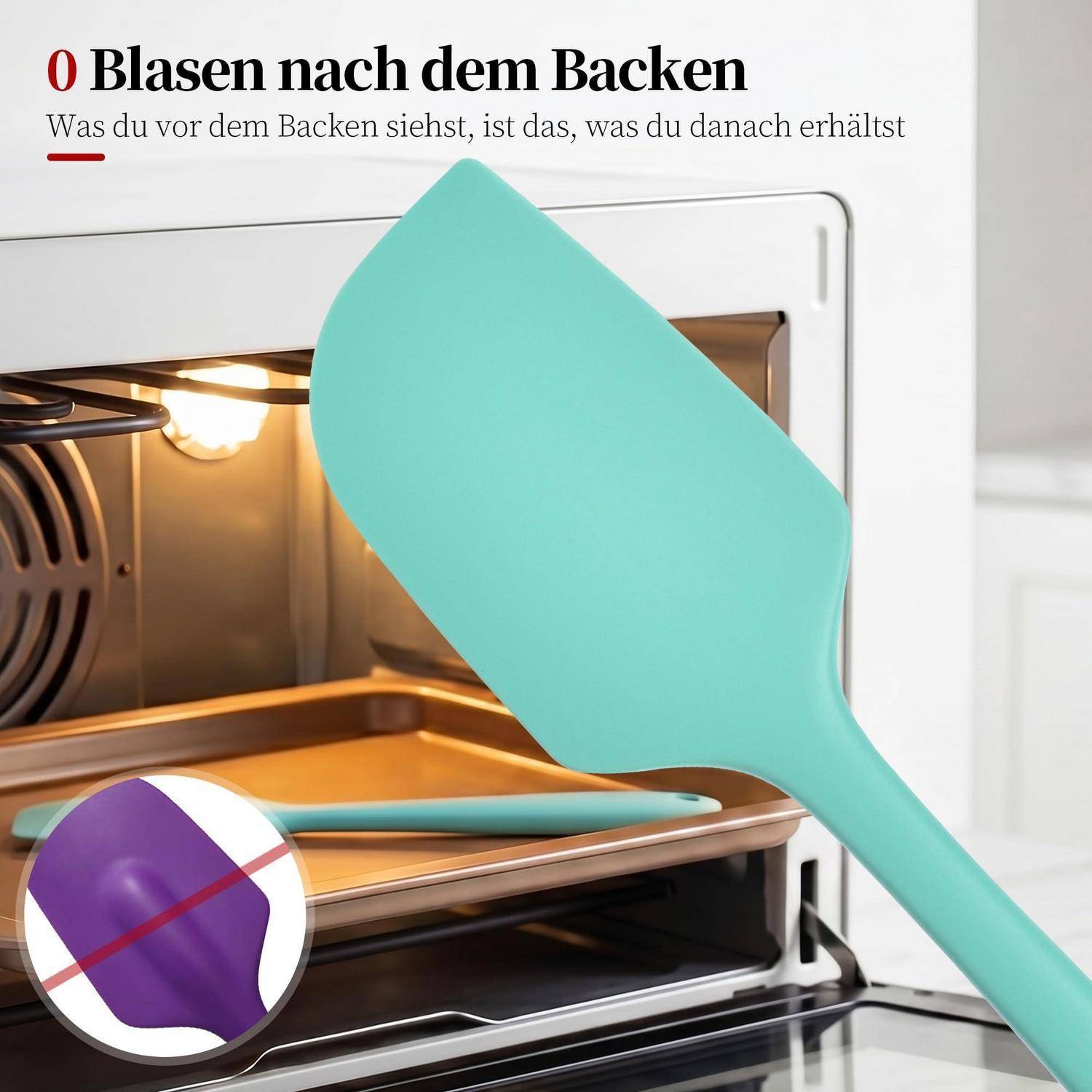Küchenspachtel vor einem offenen Ofen, daneben deutscher Text '0 Blasen nach dem Backen' und eine Nahaufnahme einer blasenfreien Werkzeugspitze.