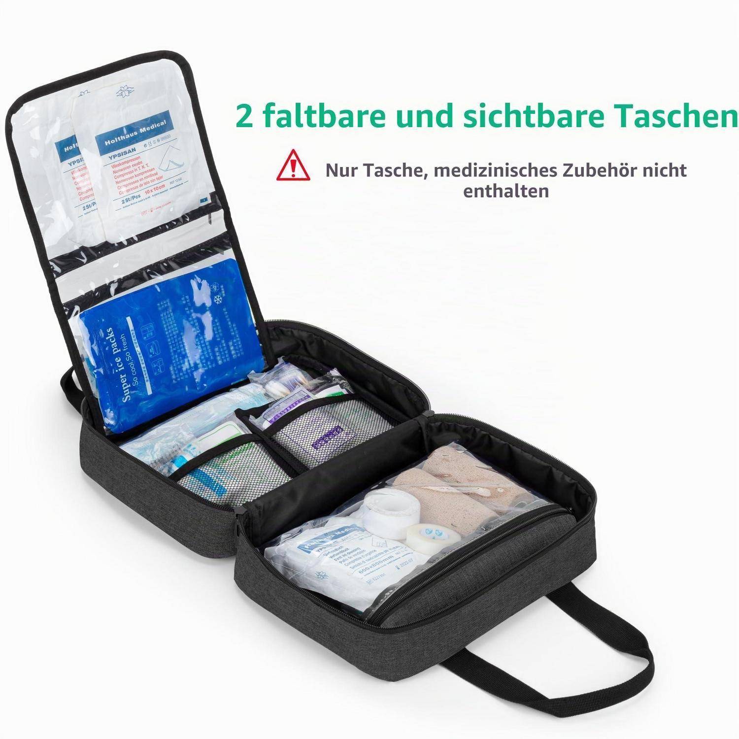 Schwarze offene medizinische Organizer-Tasche mit zwei faltbaren, sichtbaren Fächern, die Erste-Hilfe-Materialien enthalten; deutscher Text besagt „2 faltbare und sichtbare Taschen" und „Nur Tasche, medizinisches Zubehör nicht enthalten"".