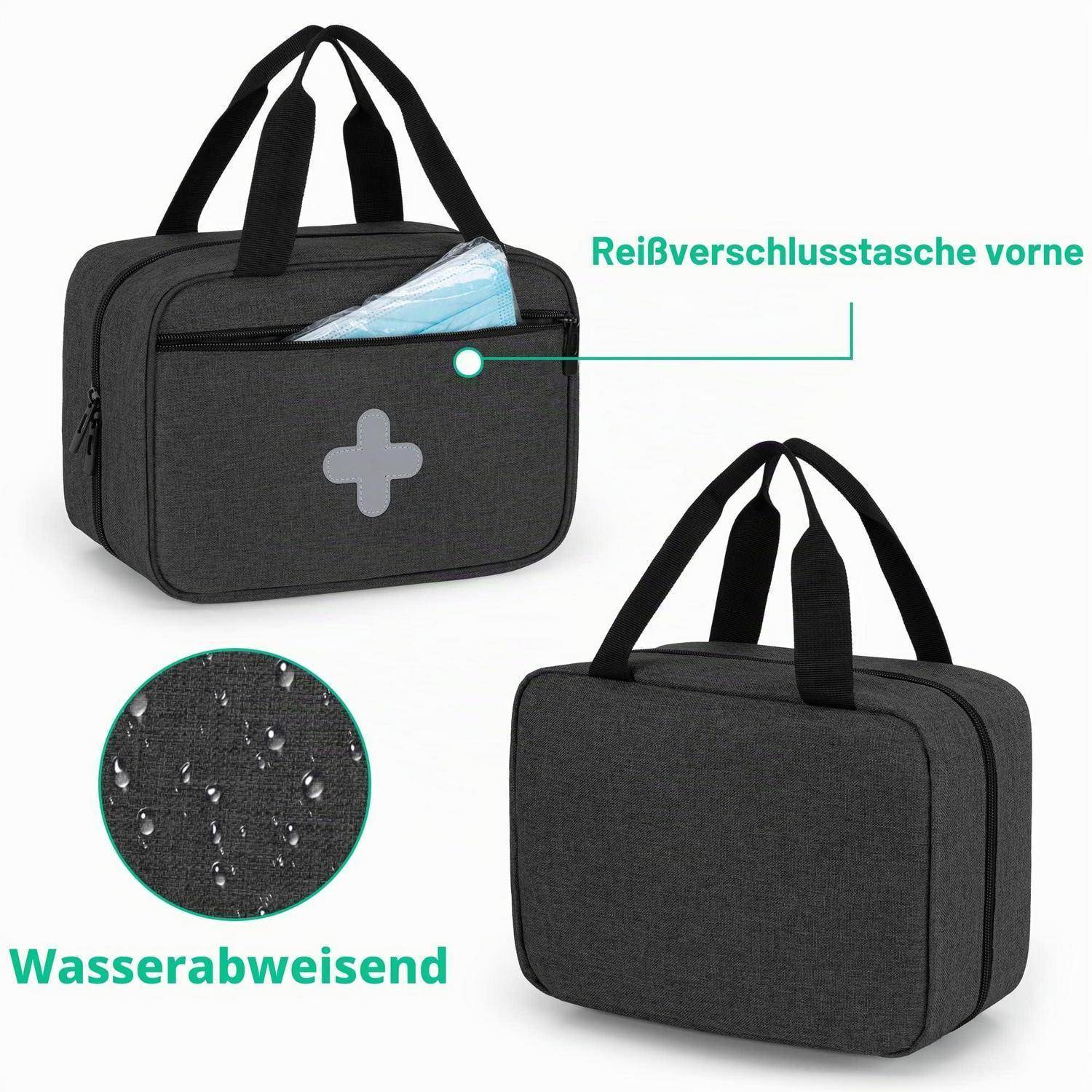 Zwei Ansichten einer grauen isolierten Tragetasche mit schwarzen Griffen und frontalem Reißverschlusstasche, auf Deutsch gekennzeichnet als wasserabweisend und mit einem kleinen vorderen Fach.