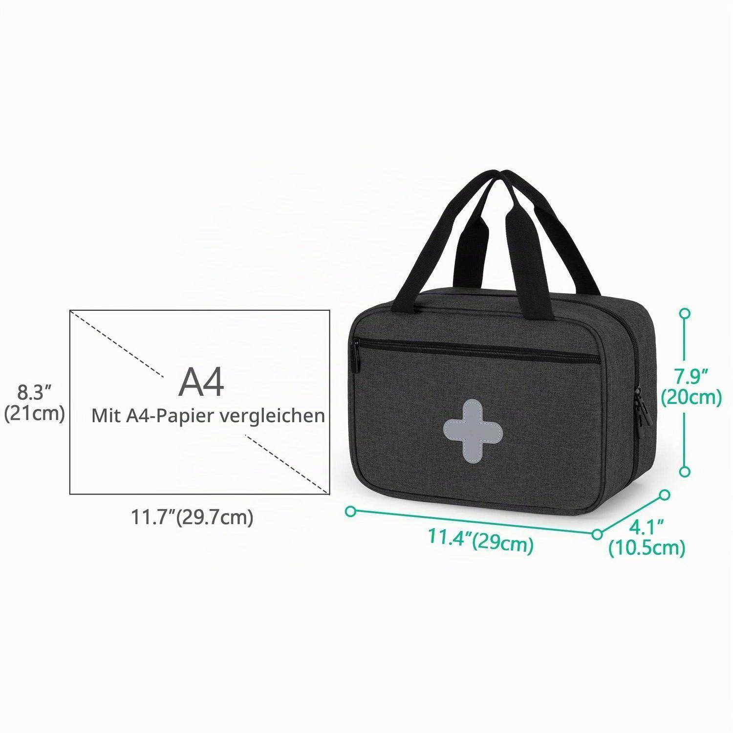 Grau isolierte Lunchbox mit Griffen, neben einem A4-Papier zur Größenvergleich gezeigt, mit den Maßen 11,4 x 4,1 x 7,9 Zoll (29 x 10,5 x 20 cm).