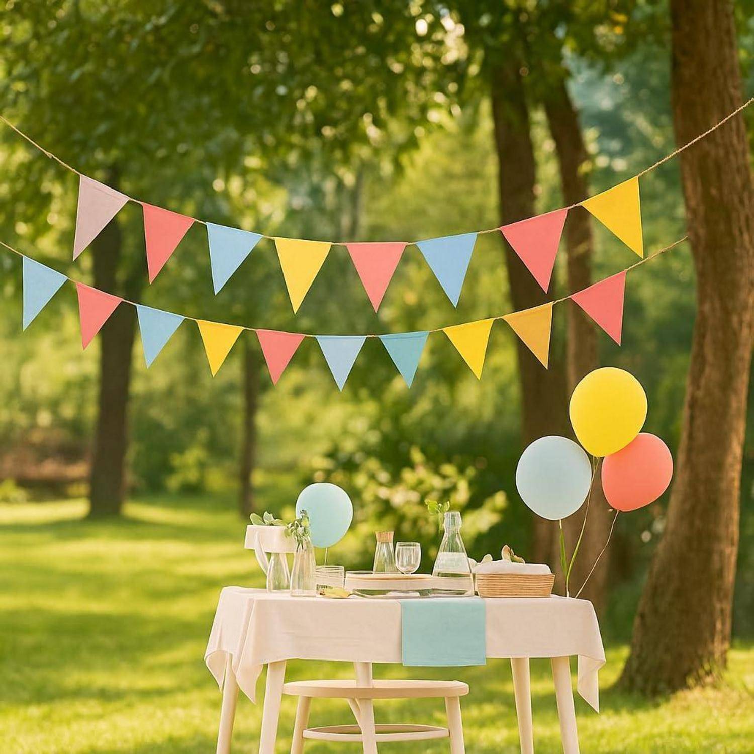Tisch für Außenparty mit farbenfrohem Wimpelketten und Ballons in einem Park oder Garten, eingedeckt für eine festliche Feier.