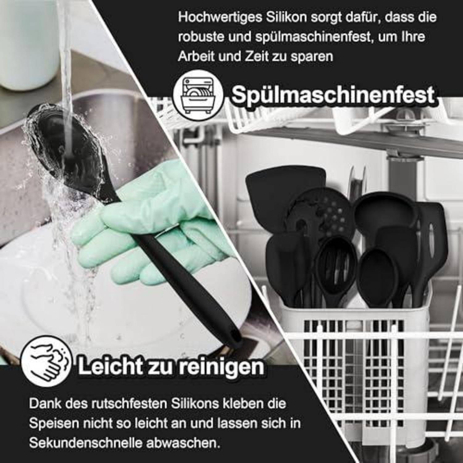 Homikit Silikon Küchenhelfer Set 16-teilig Schwarz Hitzebeständig