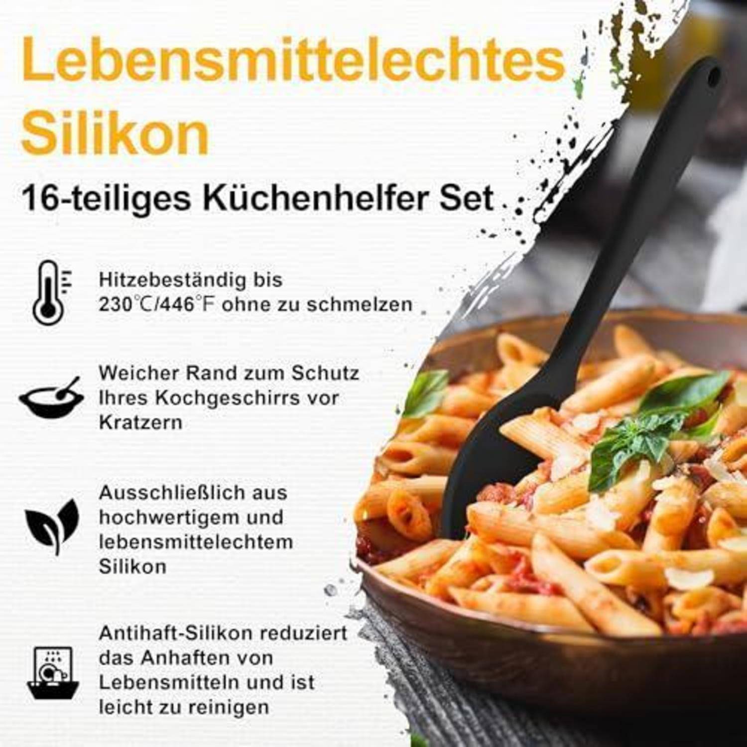 Homikit Silikon Küchenhelfer Set 16-teilig Schwarz Hitzebeständig