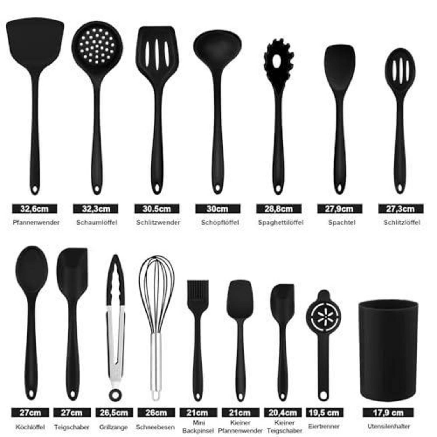Produktlinie schwarzer Küchenutensilien mit gekennzeichneten Namen und Längen, einschließlich Spachteln, Löffeln, Zangen, Schneebesen, Bratenpinsel, Schaumlöffel und Utensilienbehälter.