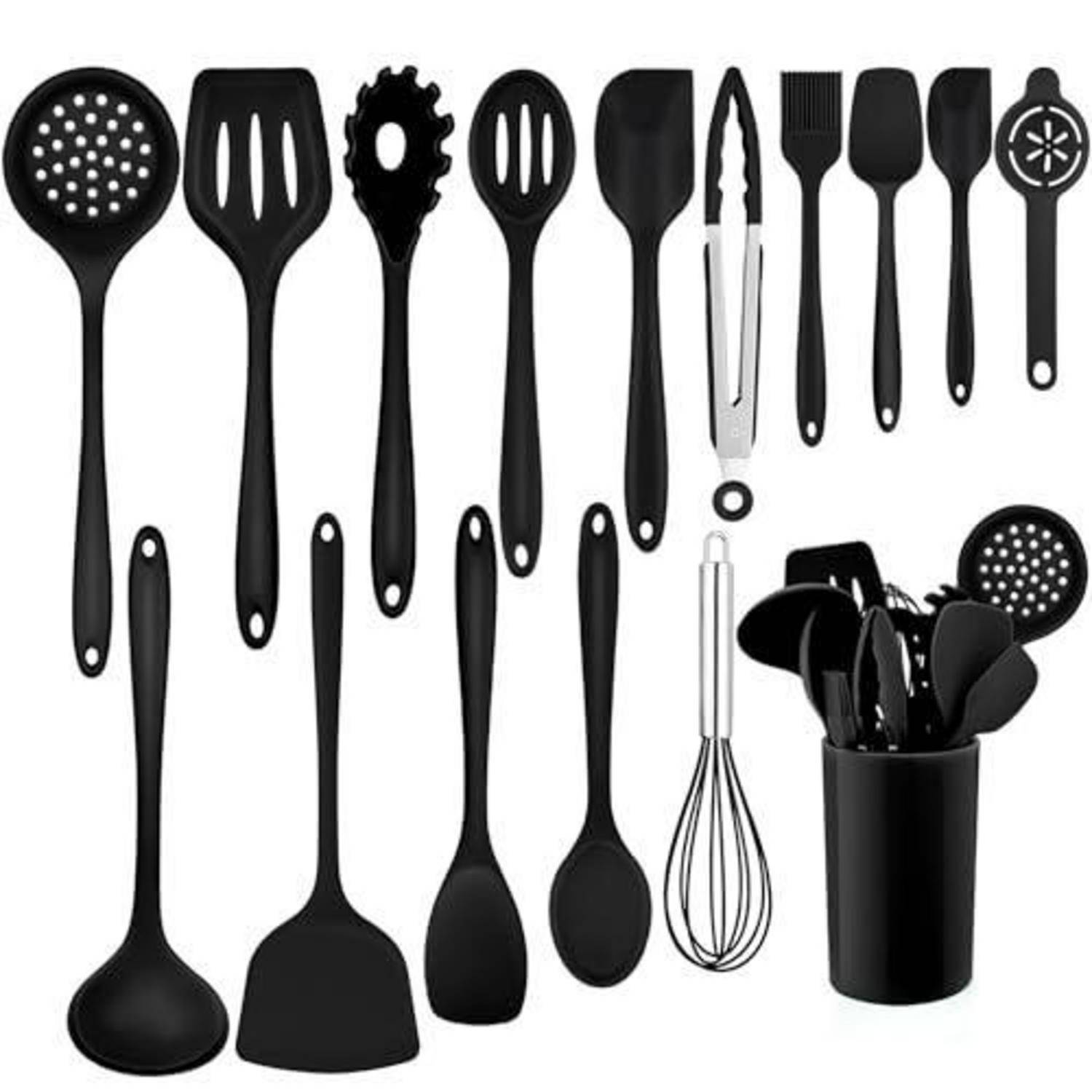 Set schwarzer Küchenutensilien und Werkzeuge auf weißem Hintergrund, einschließlich Schaumkellen, Spatel, Zangen, Schneebesen, Sieb und einem Utensilien-Behälter.