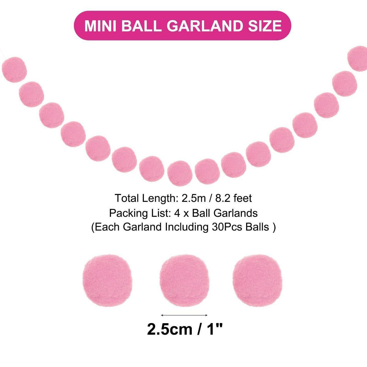 Produktbild einer rosa Mini-Kugelgirlande mit der Bezeichnung "MINI BALL GARLAND SIZE"", die eine Gesamtlänge von 2,5m/8,2 Fuß zeigt, 4 Girlanden mit je 30 Kugeln und eine Kugelgröße von 2,5cm/1 Kugel.