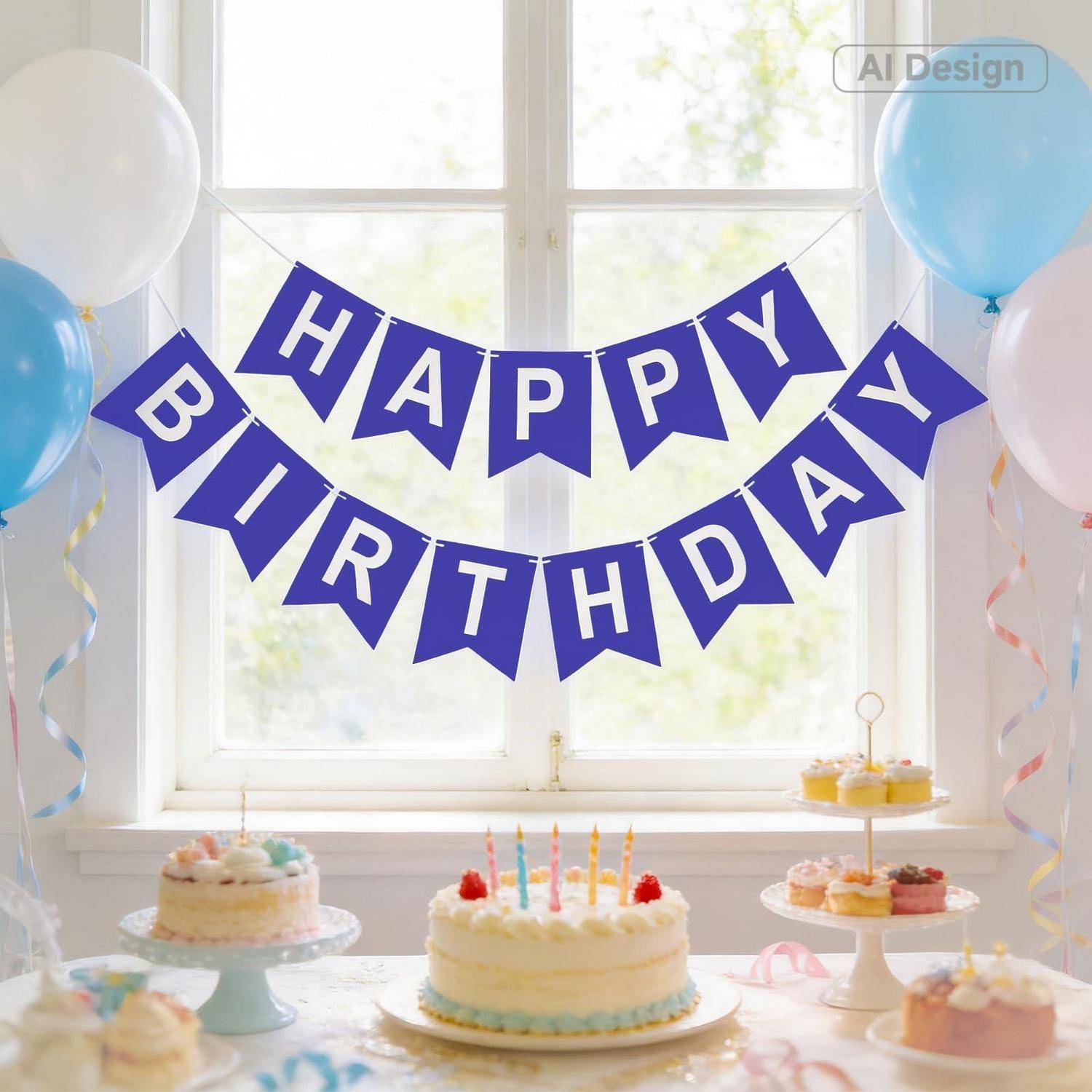Geburtstagsfeier-Setup mit einem Banner "ALLES GUTE ZUM GEBURTSTAG"", Luftballons und Kuchen auf einem Tisch vor einem hellen Fenster.