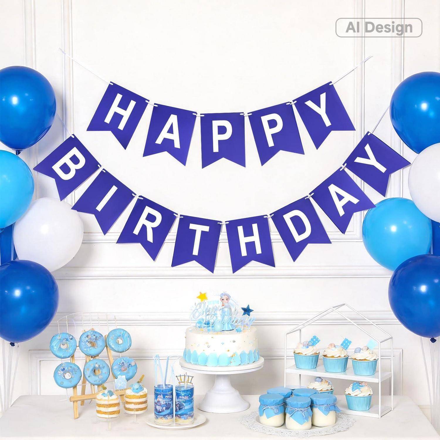 Blau-weißes Geburtstagsdekorations-Display mit einem „ALLES GUTE ZUM GEBURTSTAG"-Banner, Ballons und einem dekorierten Kuchen mit Cupcakes und Süßigkeiten auf einem Tisch.