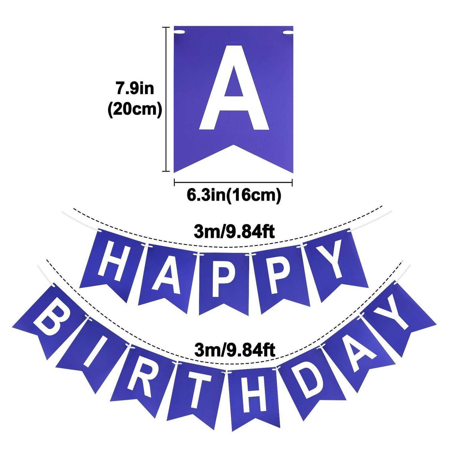 Lila Bannerset mit einer großen 'A' Wimpel und zwei gebogenen 'HAPPY BIRTHDAY' Girlanden, jeweils 3 m lang.