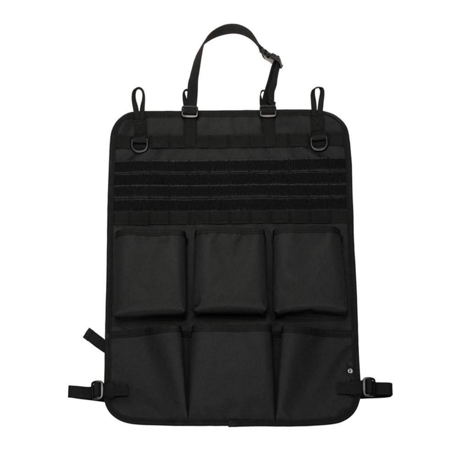 Schwarzes taktisches Organizer-Panel mit Griff, Riemen und mehreren vorderen Taschen zum Tragen von Ausrüstung oder Werkzeugen.