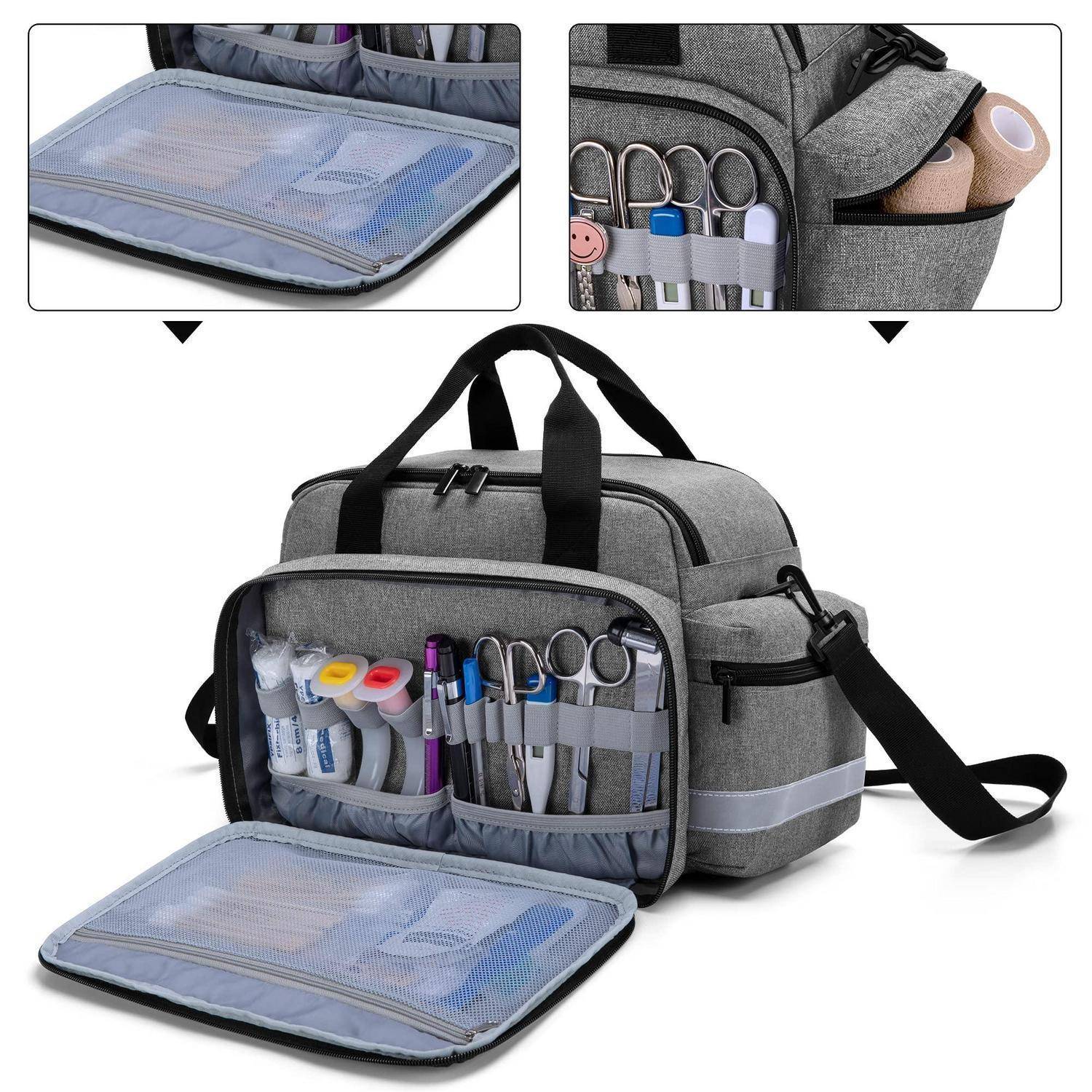 Graue Toiletten- und Handwerkstasche mit Reißverschlussfächern, Schultergurt und mehreren Taschen zum Aufbewahren von Materialien; der offene Deckel zeigt ein Netztäschchen.