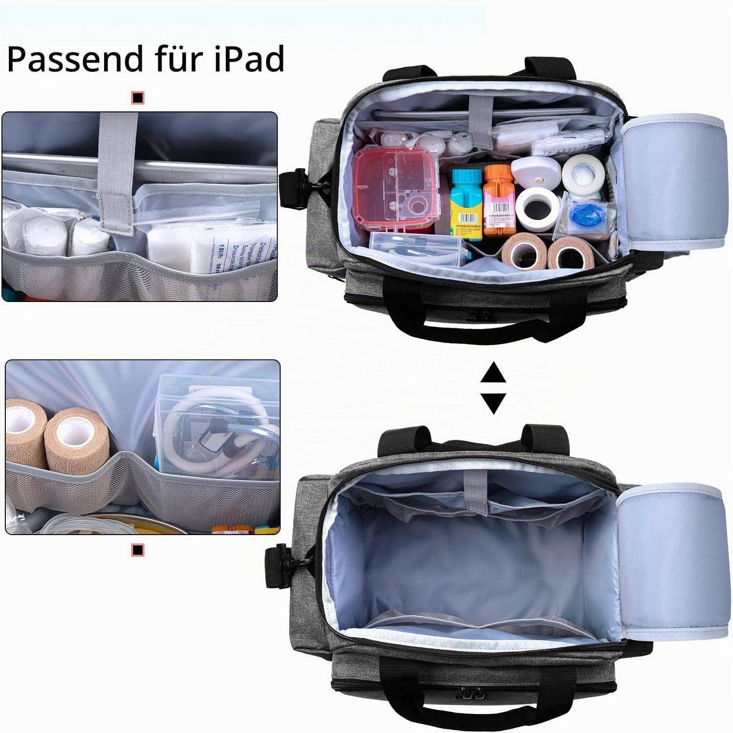Zusammenklappbare iPad-Tasche mit Organizer, gefüllt und leer dargestellt, mit Nahaufnahmen der Netztaschen und Fächer zur Aufbewahrung.