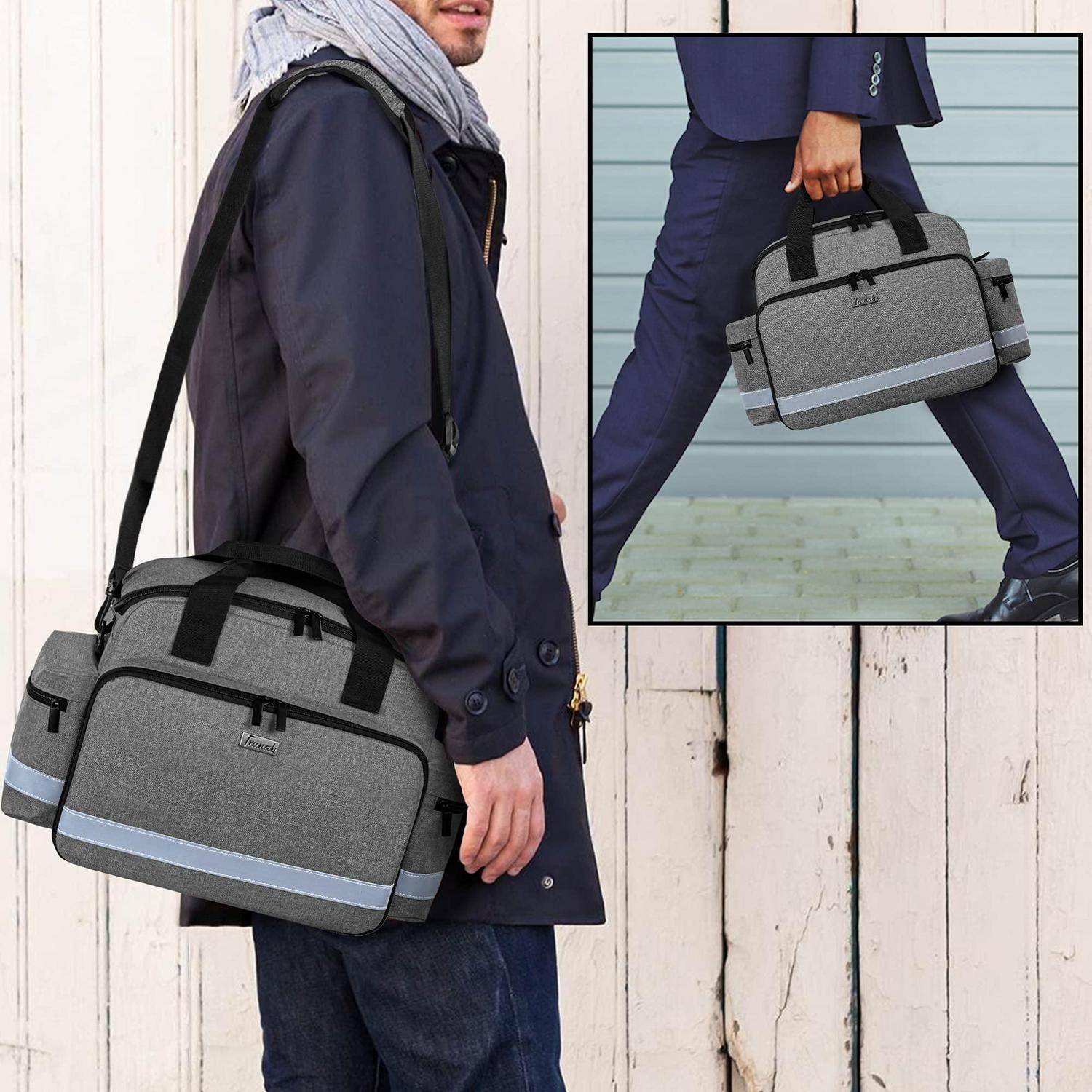 Mann mit einer grauen Schultertasche mit schwarzen Griffen und einem reflektierenden Streifen; eingefügte Nahaufnahme zeigt ihn, wie er die Tasche in der Hand hält.
