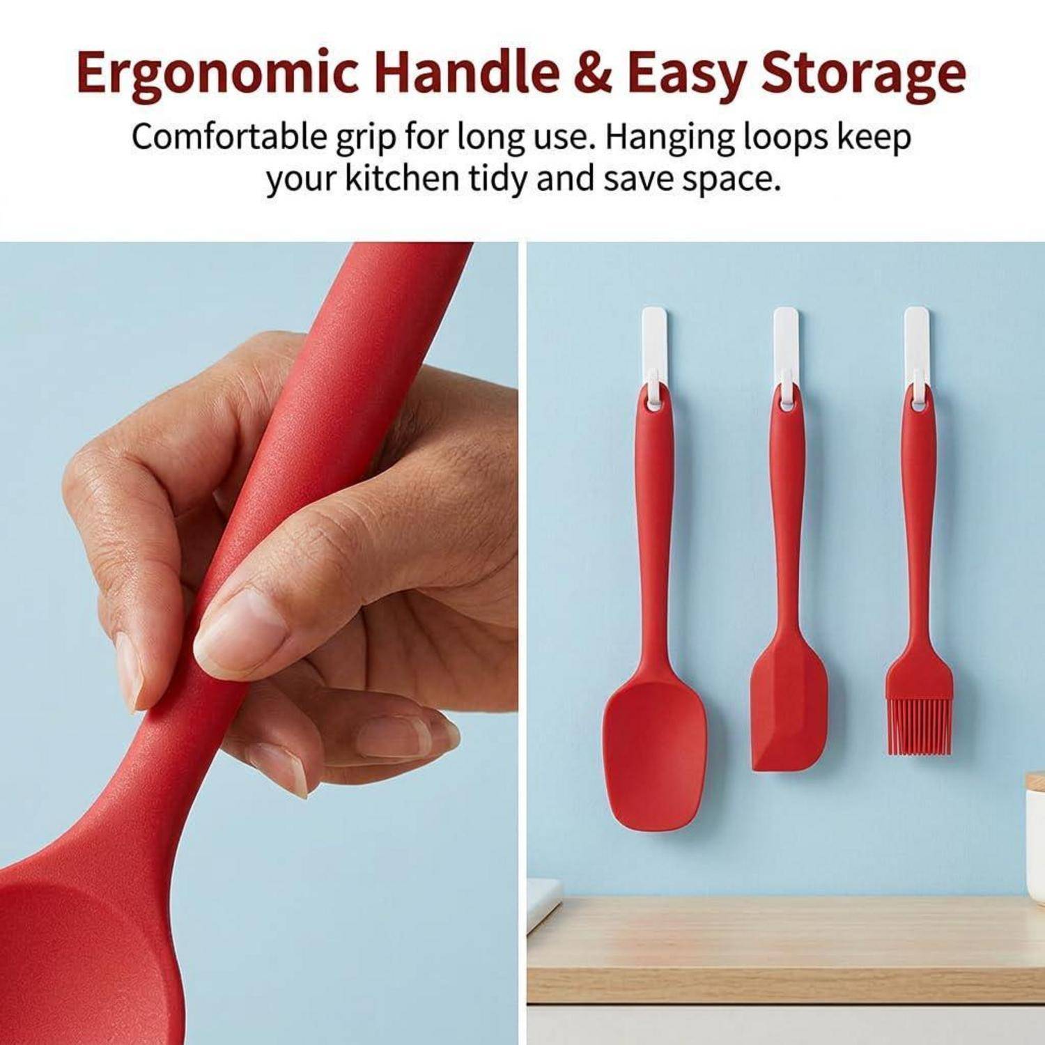 Produktanzeige mit einem roten Küchenutensil mit ergonomischem Griff, das in einer Hand gehalten wird und durch eine Schlaufe zur einfachen Aufbewahrung aufgehängt ist; drei passende Werkzeuge werden an einer Wand ausgestellt.