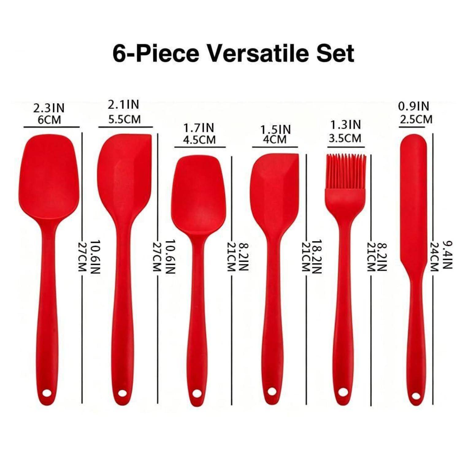 Sechsteiliges rotes Küchenutensilien-Set mit beschrifteten Abmessungen, das Spachteln, Löffel, Bürste und schmale Kratzer-Werkzeuge zeigt.