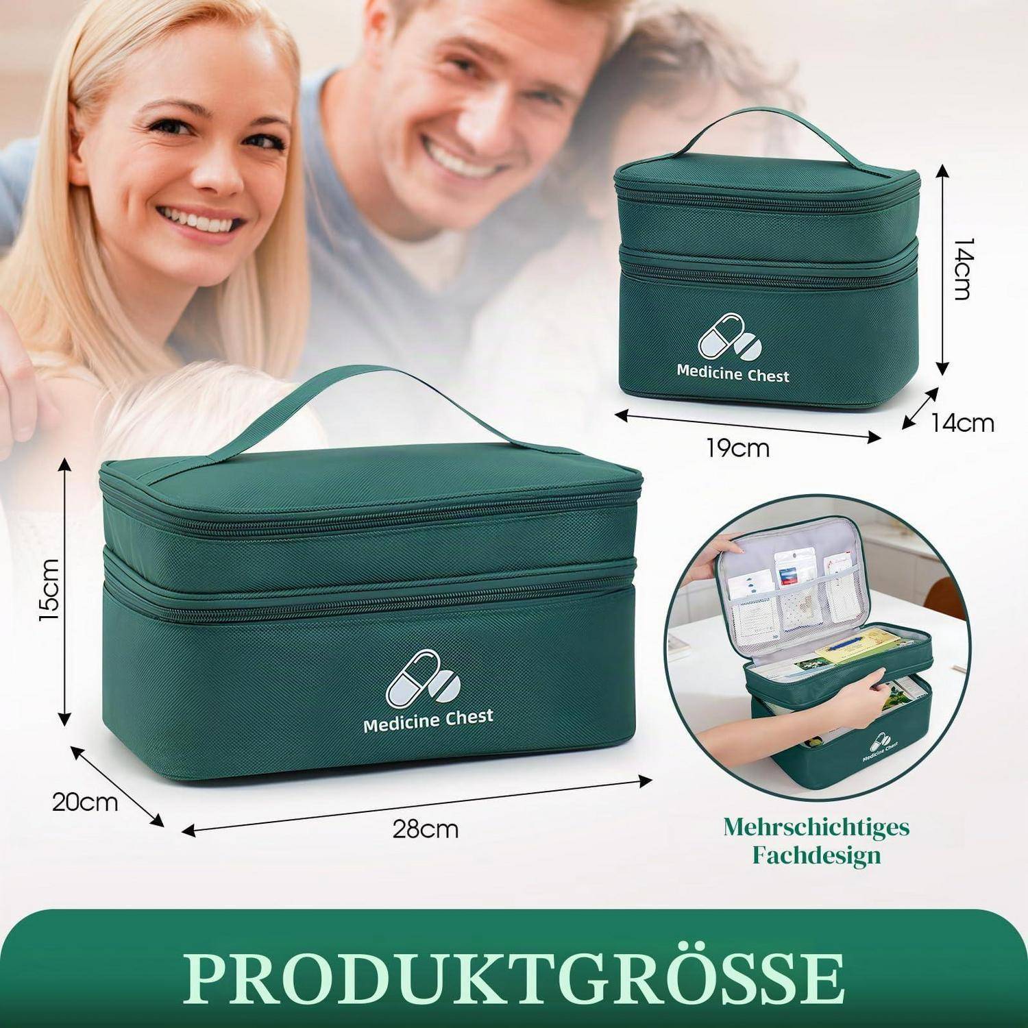 Grüne Medizintasche mit Reißverschluss, dargestellt in zwei Größen mit den Abmessungen 28x20x15 cm und 19x14x14 cm; die Vergrößerung zeigt das Design mit gestaffelten Fächern.