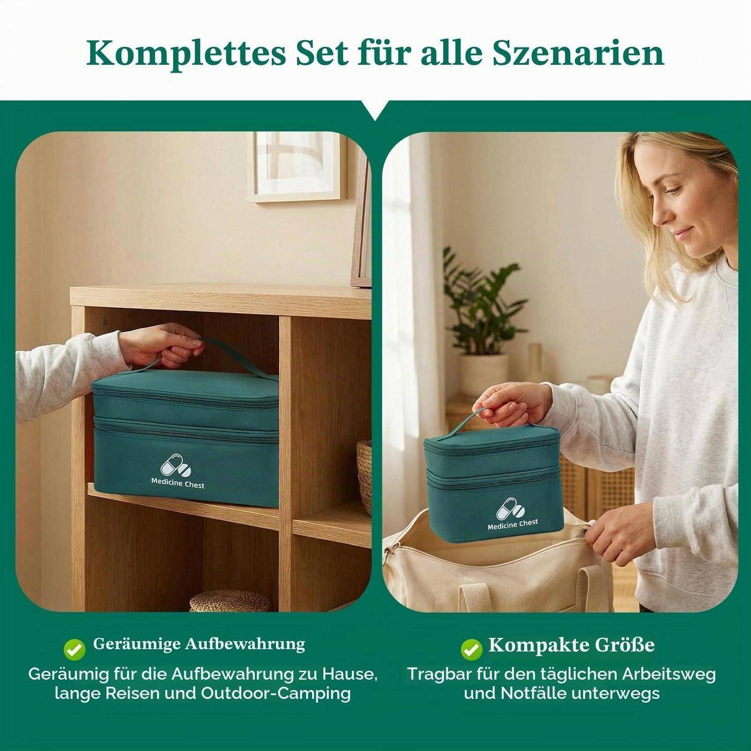 Türkisfarbene Medizintasche auf einem Regal gezeigt und von einer Frau getragen; mit „Medizinschrank" gekennzeichnet und als kompaktes Aufbewahrungsset für Zuhause, Reisen und Notfälle präsentiert.