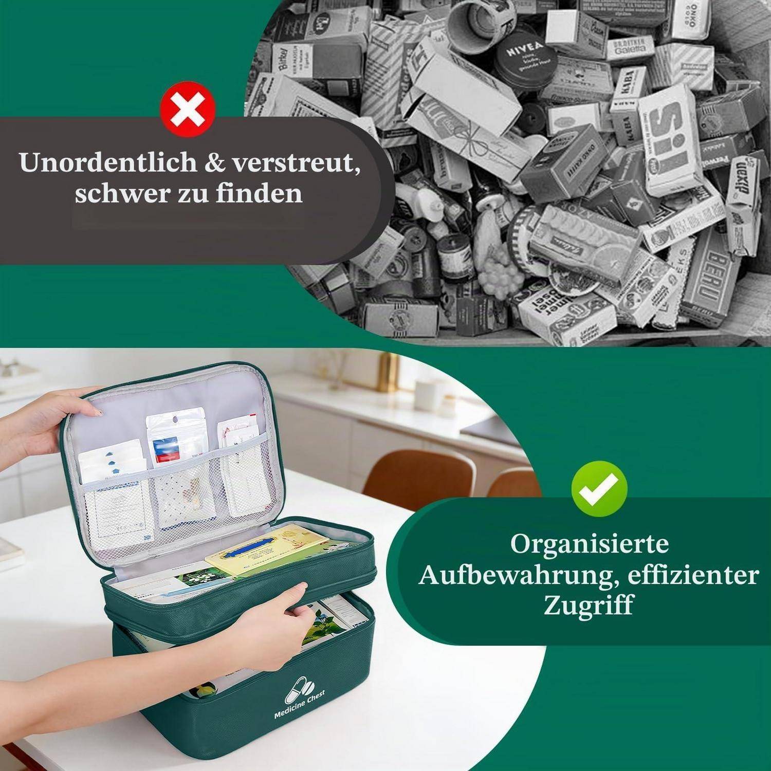 Geteiltes Bild zum Vergleich einer ungeordneten losen Medikamentenbox mit der Aufschrift "Untordentlich & verstreut, schwer zu finden"" mit einem organisierten grünen Aufbewahrungskoffer mit der Aufschrift ""Organisierte Aufbewahrung, effizienter Zugriff"".