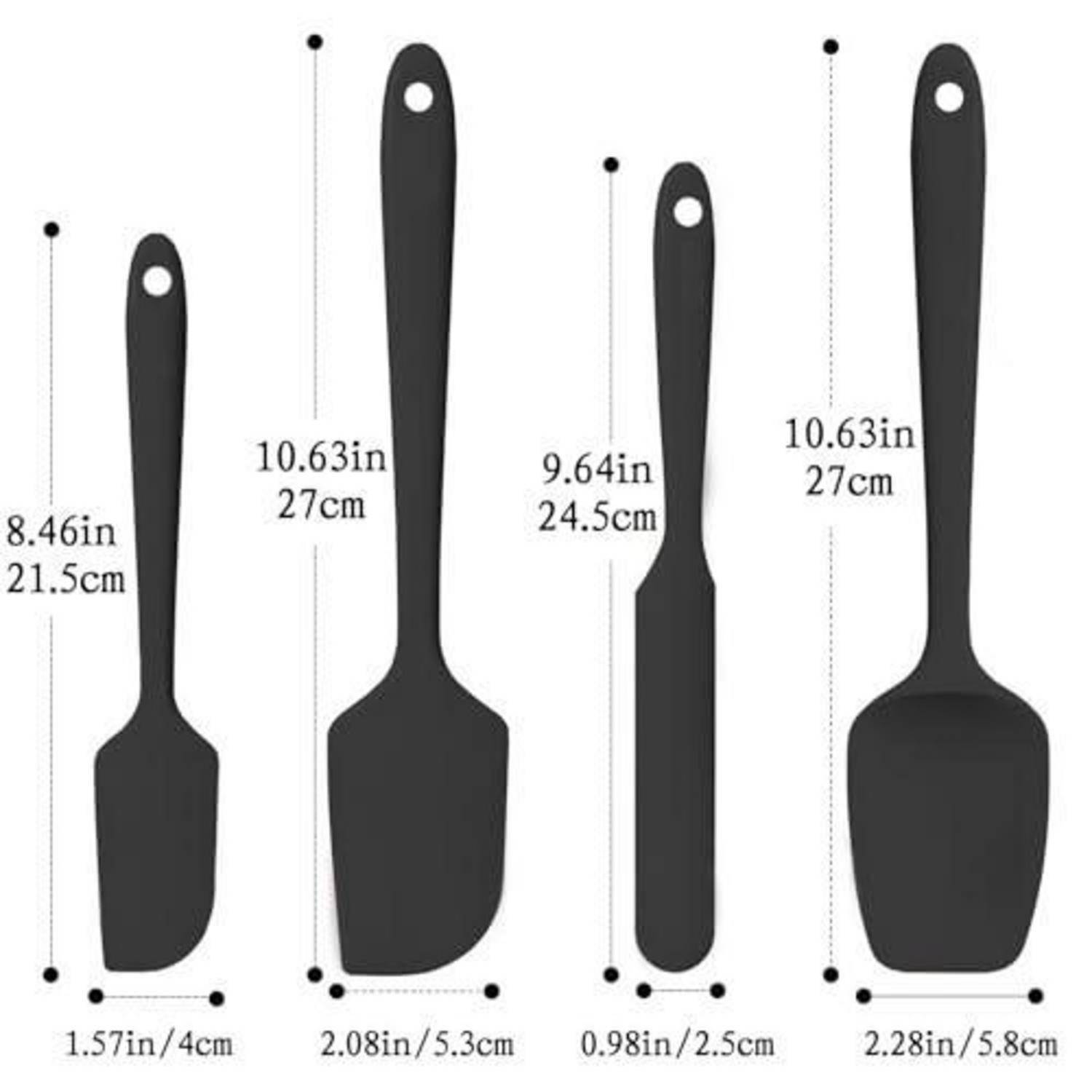 Größentabelle für Produkte mit vier schwarzen Küchenutensilien/Spachteln mit Abmessungen: 8,46 Zoll, 10,63 Zoll, 9,64 Zoll und 10,63 Zoll Höhe.