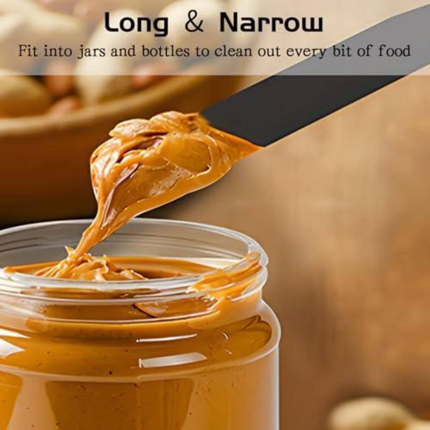 Spachtel mit langer schmaler Klinge, die Erdnussbutter aus einem Glas kratzt; der Text lautet „Lang & Schmal