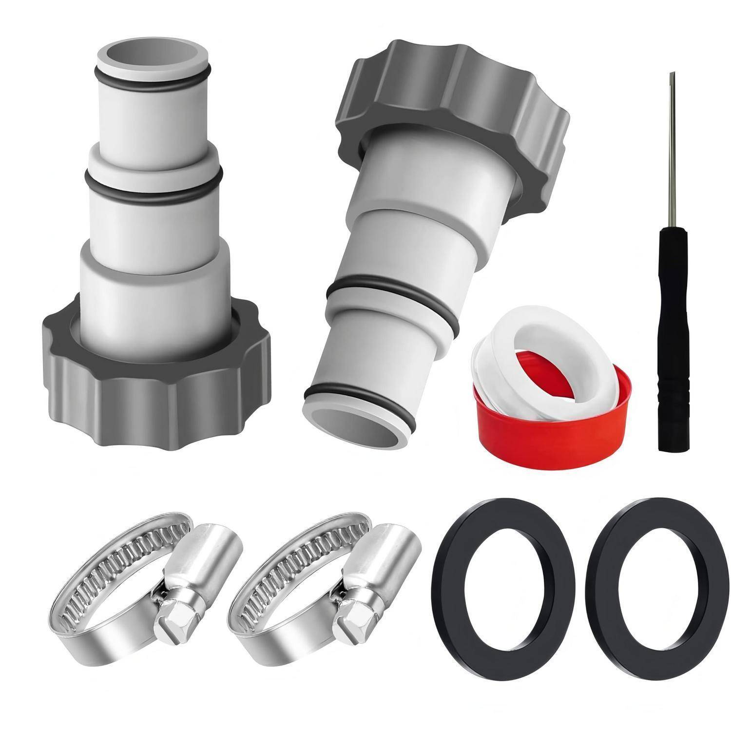 Sortiertes Sanitär-Schlauchverbinder-Set mit zwei grauen Anschlüssen, zwei Metall-Schlauchklemmen, zwei schwarzen O-Ringen, rotem Dichtungsband und einem Schraubendreher.
