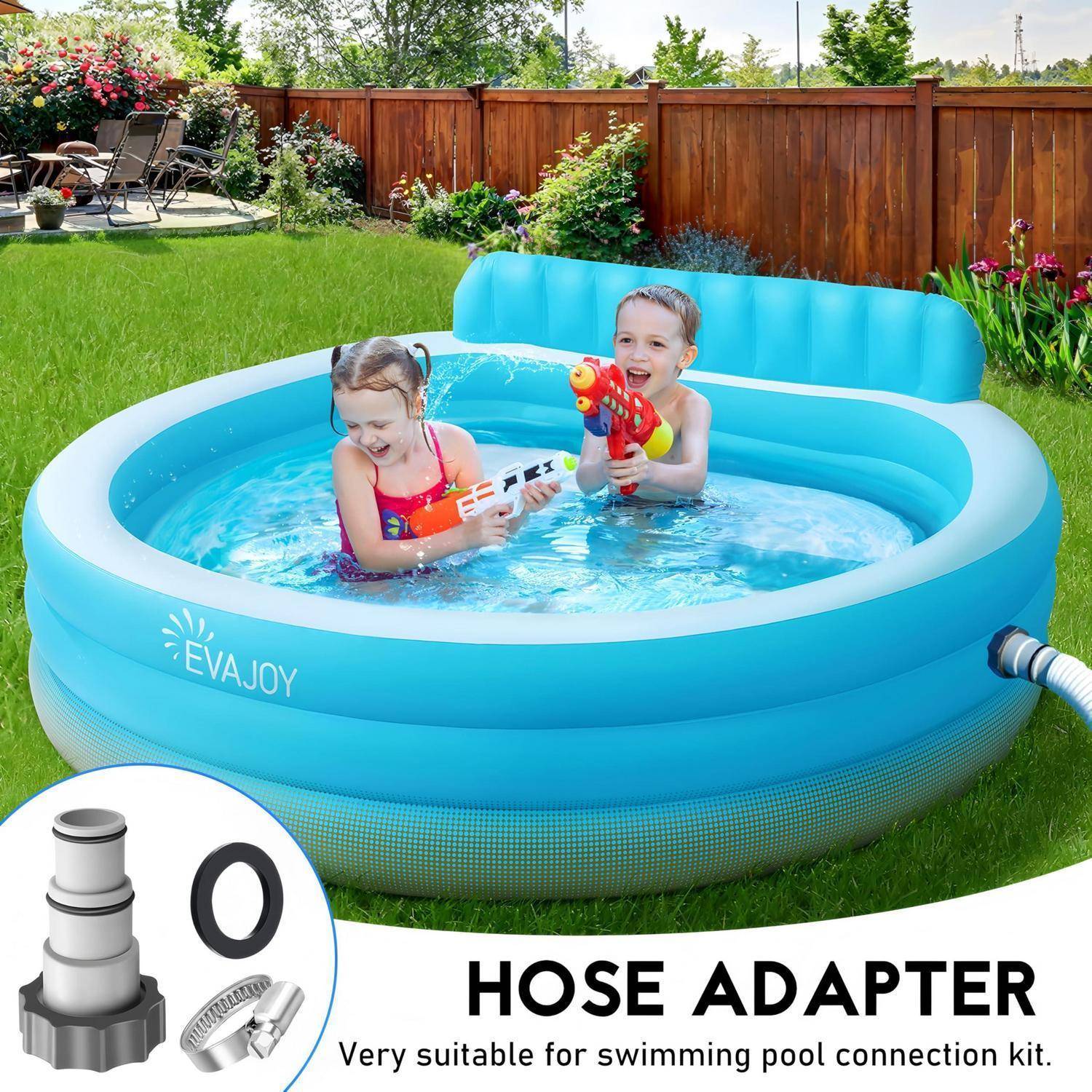 Zwei Kinder spielen in einem blauen aufblasbaren Gartenpool, während ein Produktbild im Inset einen mit „HOSE ADAPTER