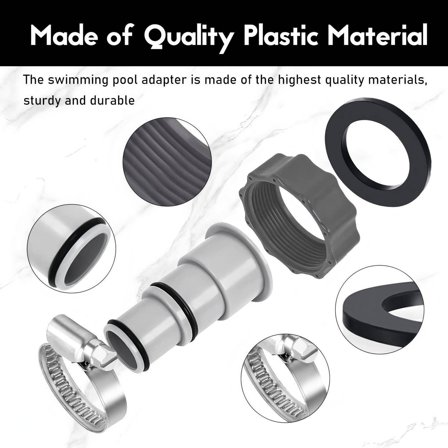 Produktbild eines Kunststoff-Swimmingpool-Adapter-Kits mit einem grauen Gewindeadapter mit O-Ringen, Schlauchschelle und Dichtung, mit der Aufschrift 