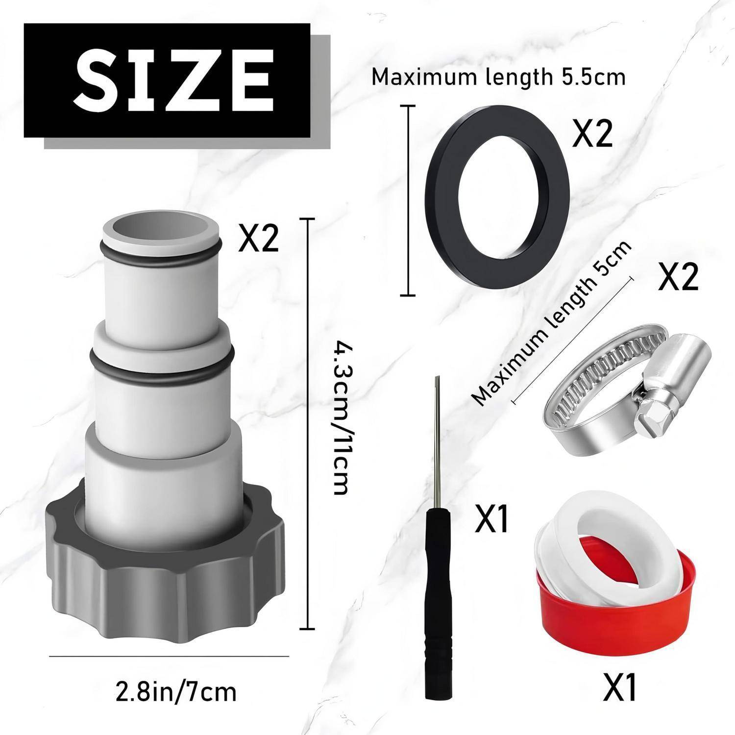 Größenleitfaden für enthaltene Teile: zwei 4,3 cm/11 cm stapelbare Verschraubungen, zwei O-Ringe bis 5,5 cm, zwei Schellen bis 5 cm, einen Schraubendreher und eine Rolle Dichtungsband; Basisbreite 2,8 Zoll/7 cm.