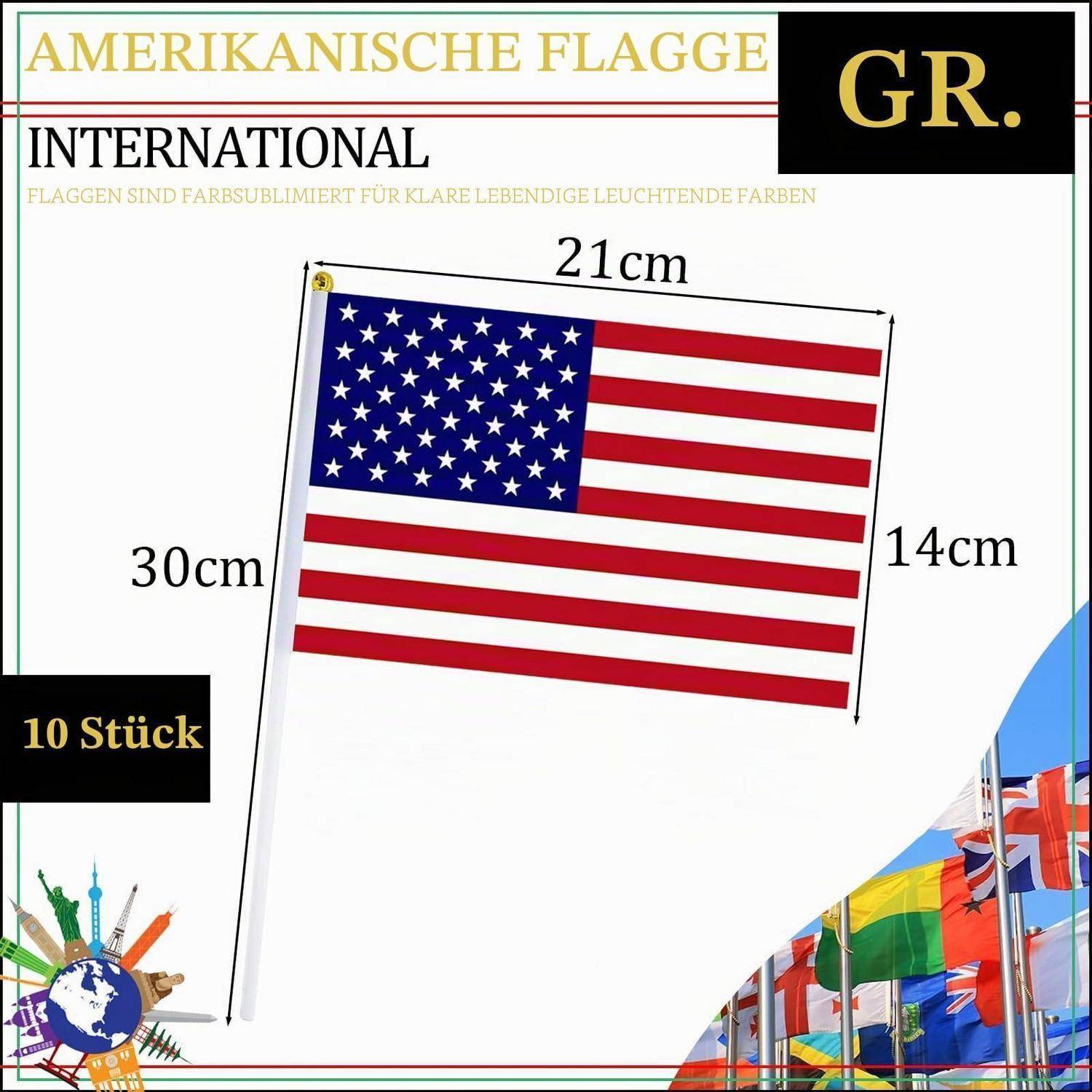 10er Set USA Handflaggen 14x21cm Polyester mit 30cm Stab