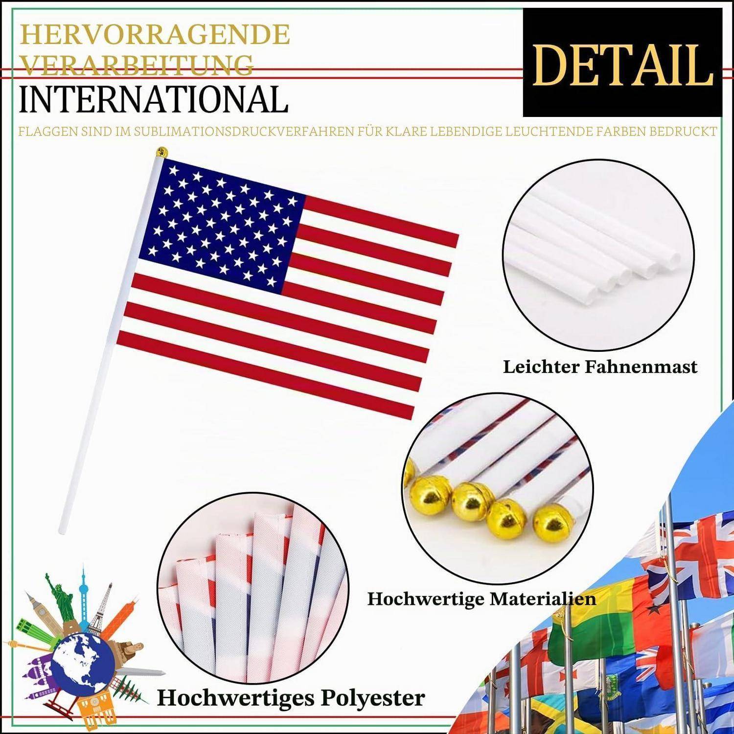 Bewerbungsgrafik für eine internationale Flagge: eine US-amerikanische Flagge auf einer leichten Stange, mit Ausschnitten, die den Mast, hochwertige Materialien und hochwertiges Polyester hervorheben.