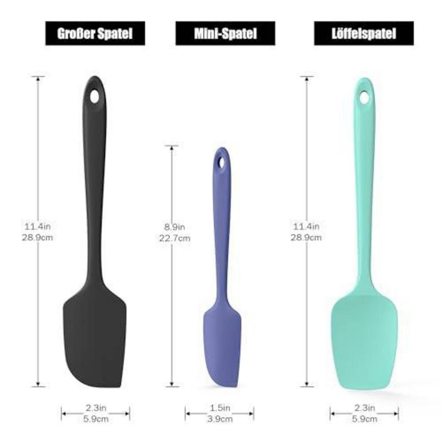Größentabelle mit drei Spachteln: 'Großer Spatel' 11,4 Zoll groß, 2,3 Zoll breit; 'Mini-Spatel' 8,9 Zoll groß, 1,5 Zoll breit; 'Löffelspatel' 11,4 Zoll groß, 2,3 Zoll breit.