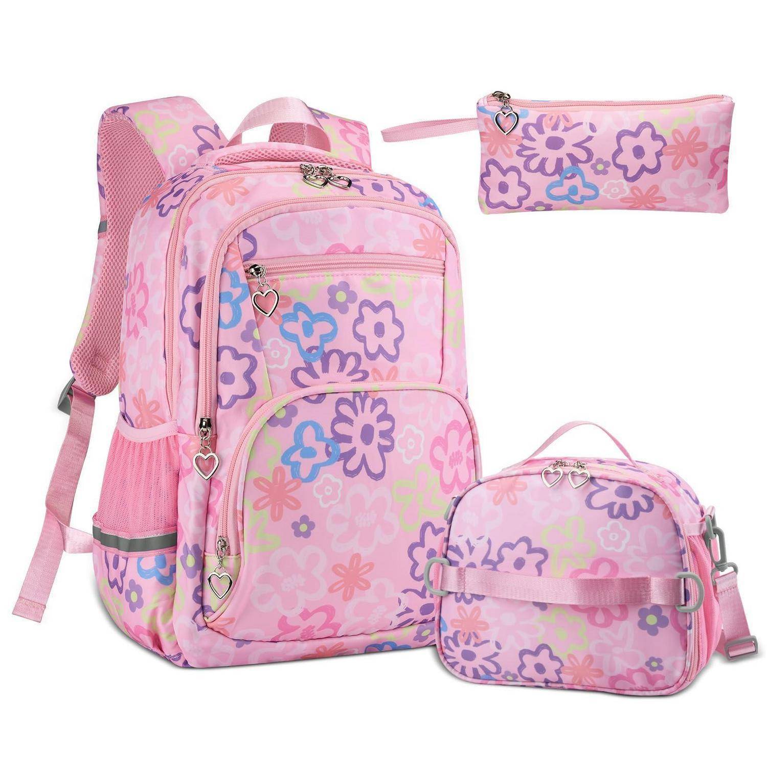 Rosafarbenes Blumenrucksack-Set mit passender Lunchbox und Federmäppchen, jeweils mit lila- und blauem Blumenmuster verziert und mit herzförmigen Reißverschlüssen versehen.