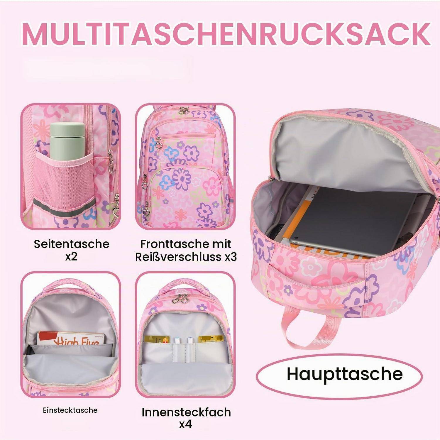 Rosa Blumen-Rucksack mit mehreren Fächern und beschrifteten Taschen: Seitentaschen x2, Vordertasche mit Reißverschluss x3, Einsatztasche, innere Schlupftaschen x4 und Hauptfach für einen Laptop.
